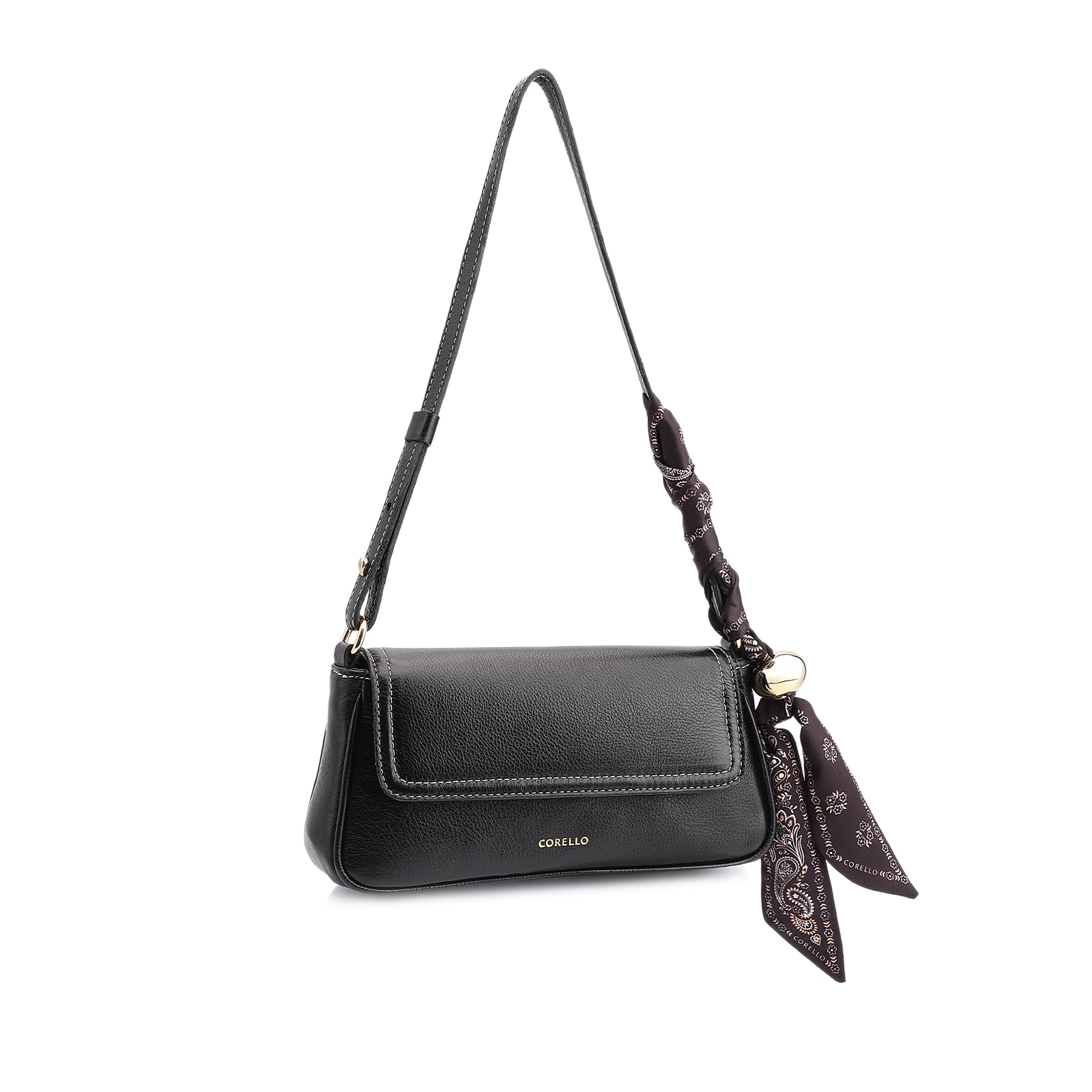 Bolsa De Ombro Lenço Couro Preto