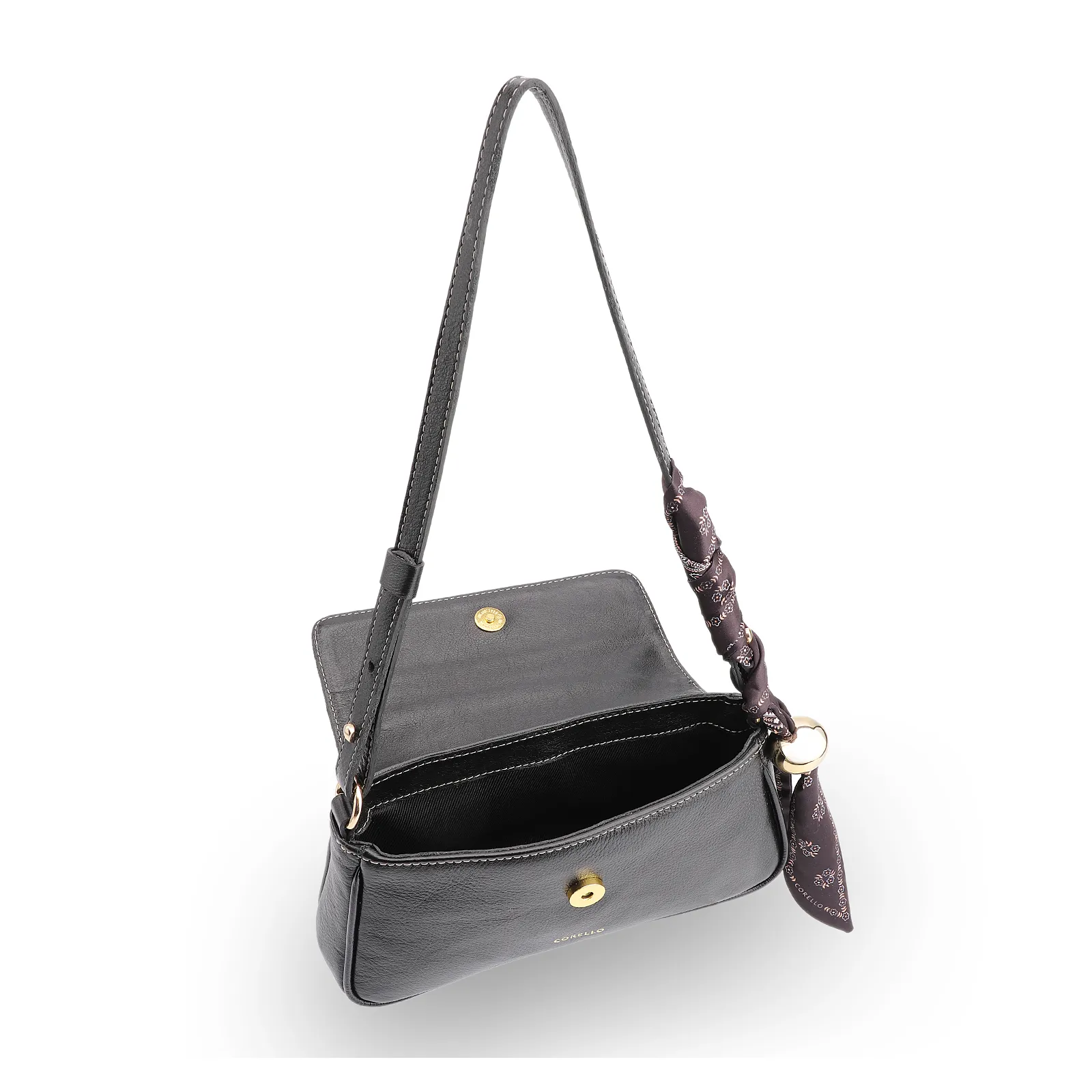  Bolsa De Ombro Lenço Couro Preto
