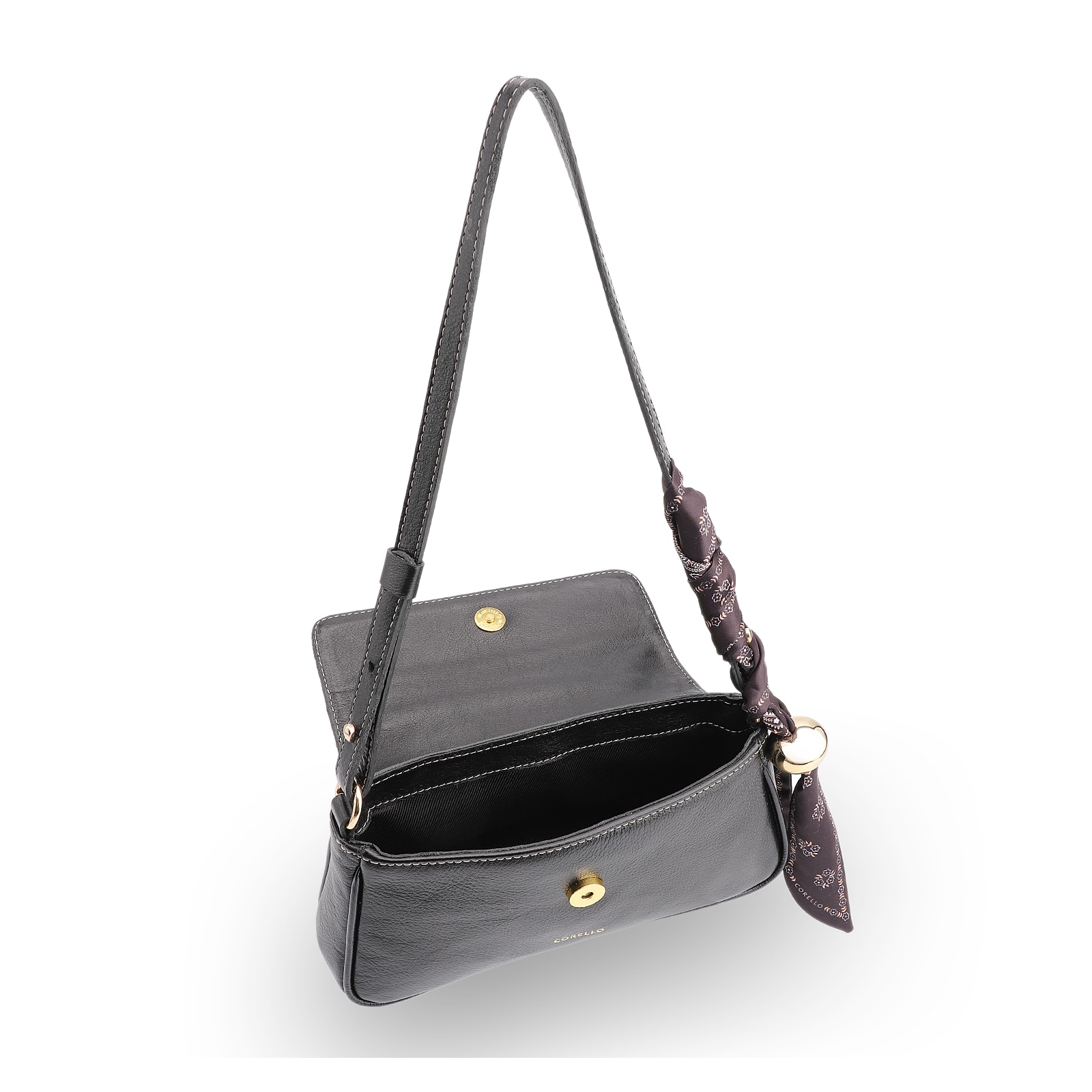 Bolsa De Ombro Lenço Couro Preto