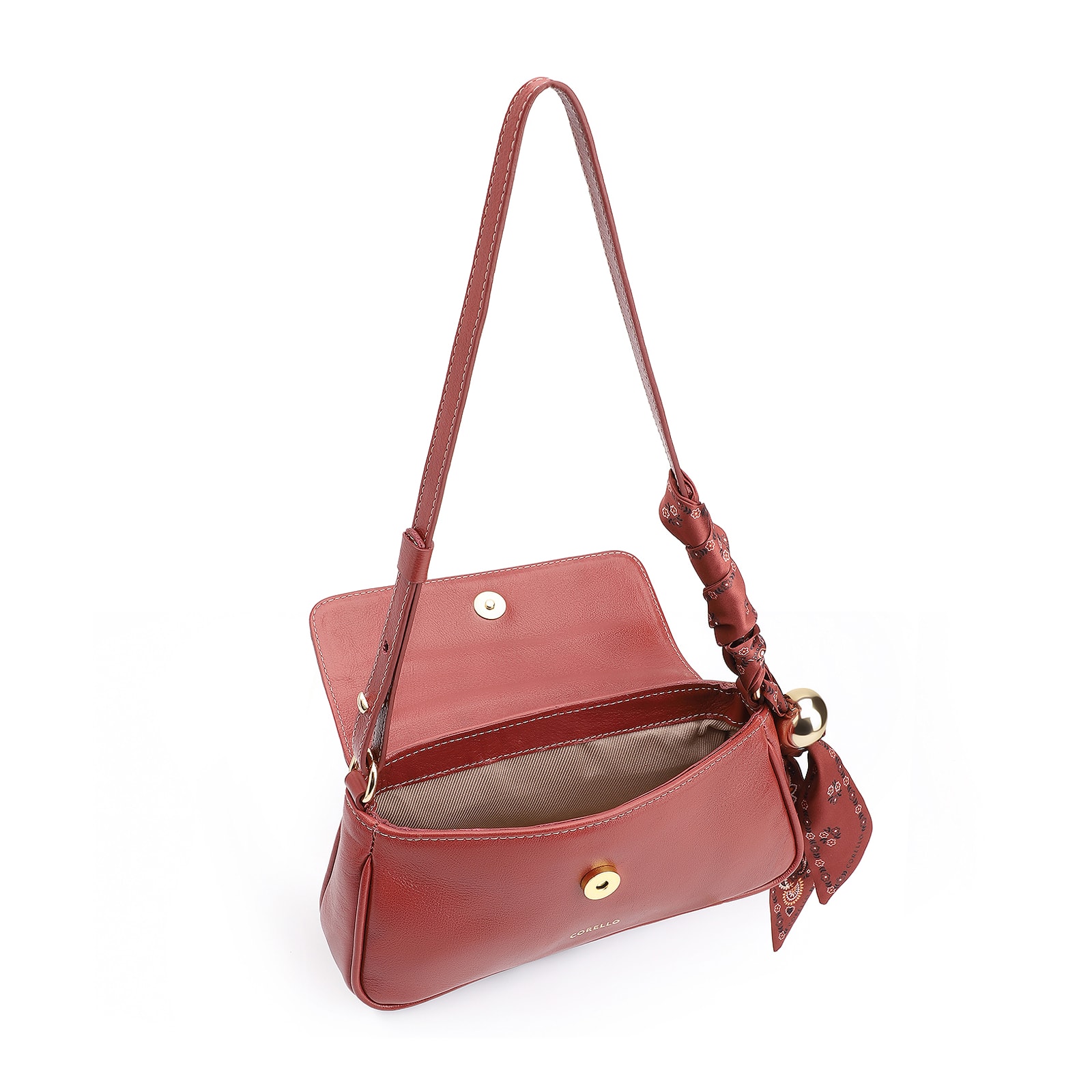  Bolsa De Ombro Lenço Couro Vermelho