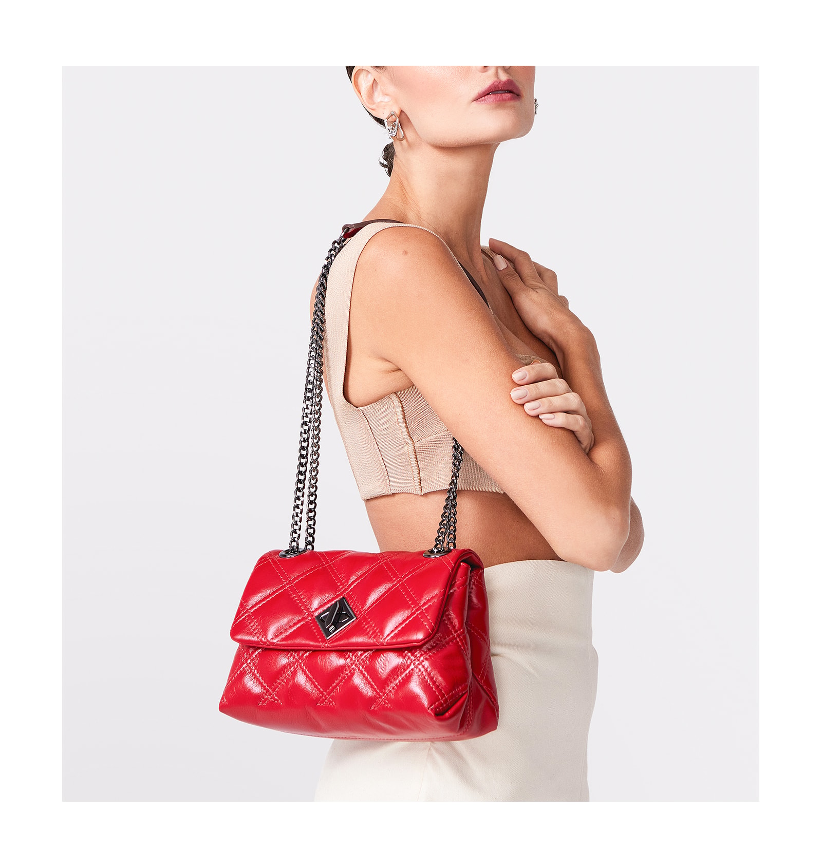 Bolsa De Ombro Matelassê Couro Vermelho