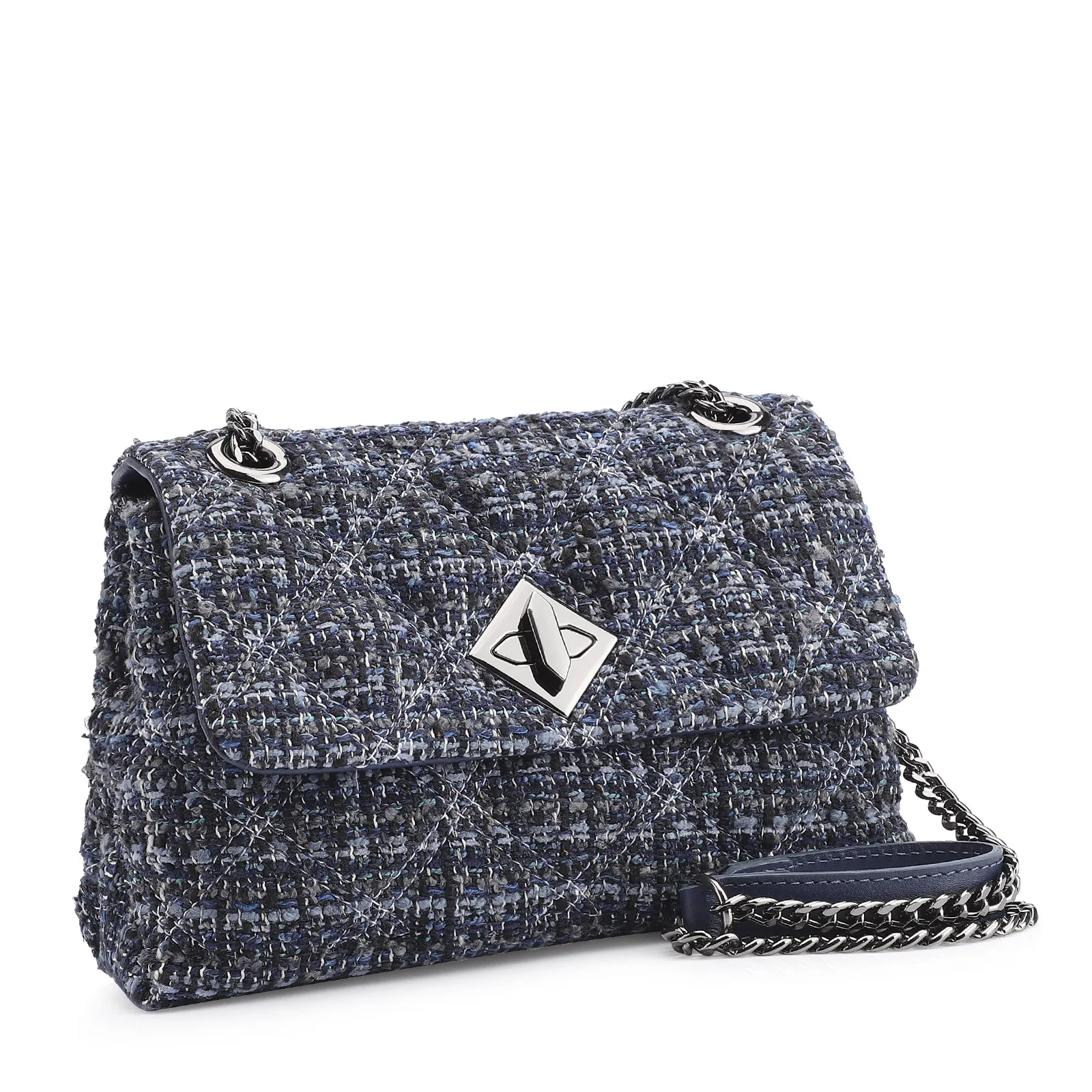 Bolsa De Ombro Matelassê Tweed Azul