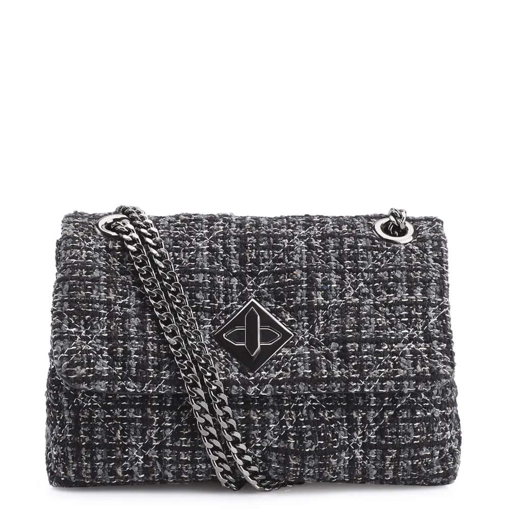 Bolsa De Ombro Matelassê Tweed Preto