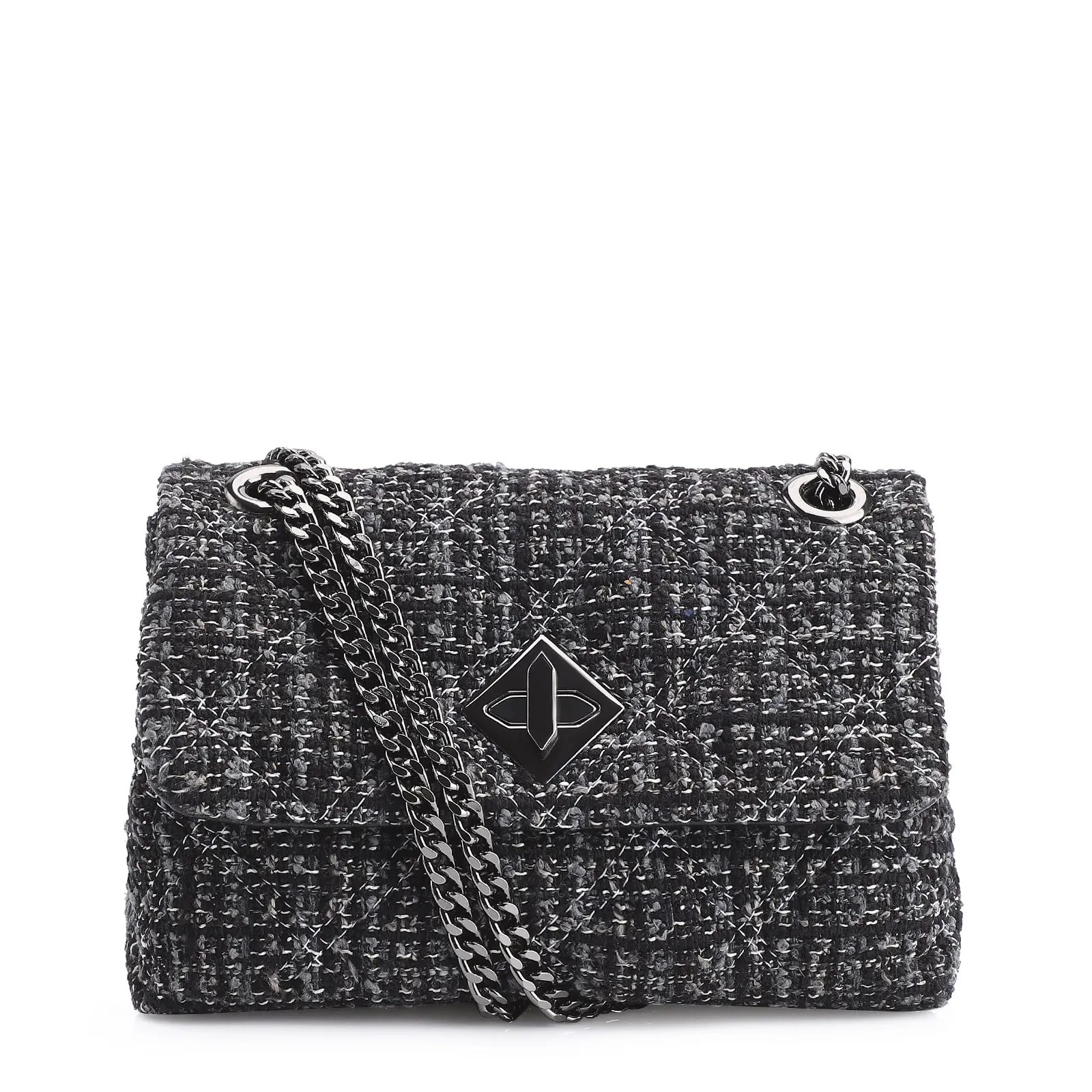 Bolsa De Ombro Matelassê Tweed Preto