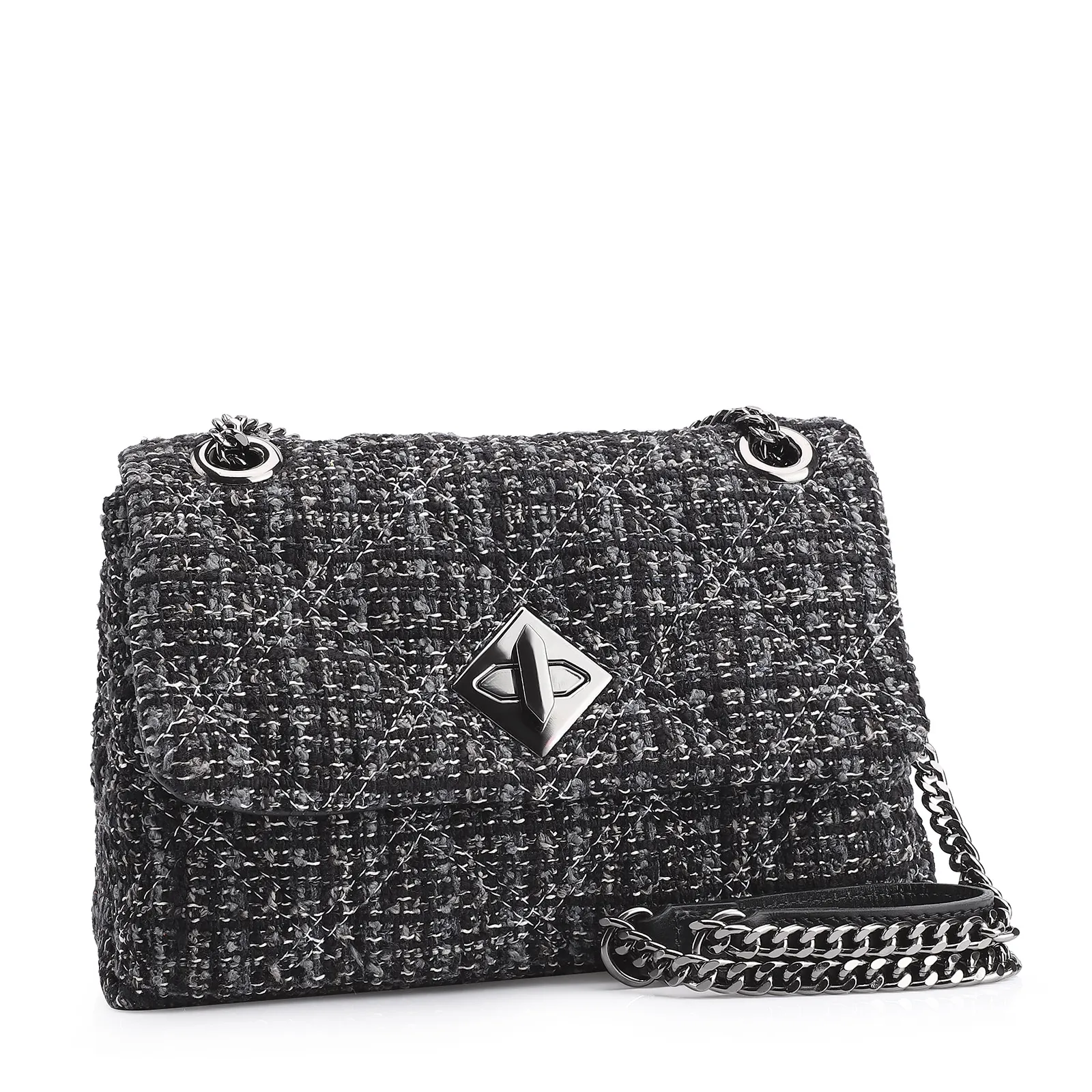 Bolsa De Ombro Matelassê Tweed Preto