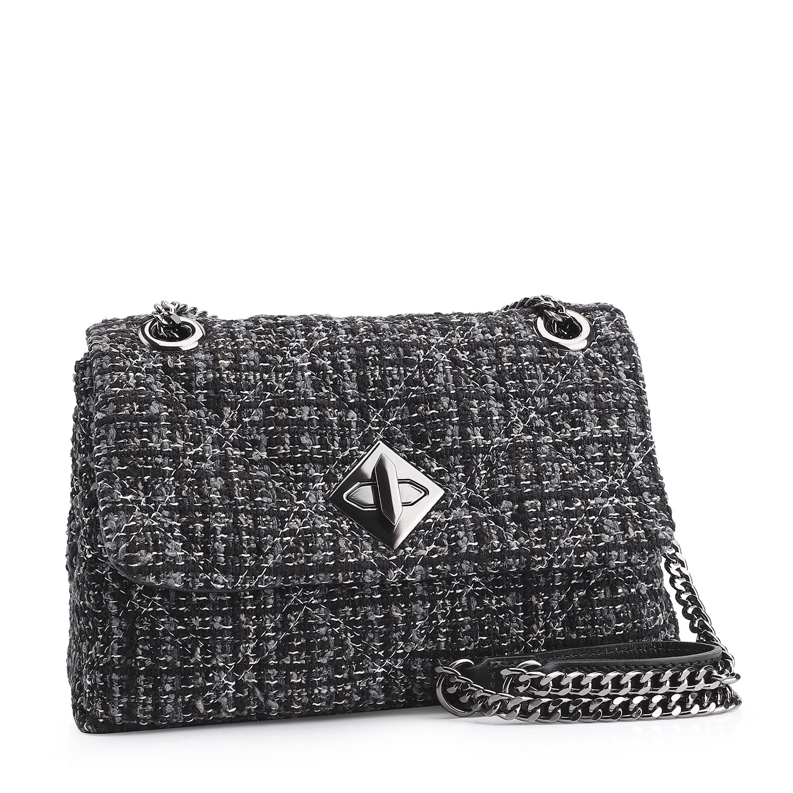 Bolsa De Ombro Matelassê Tweed Preto