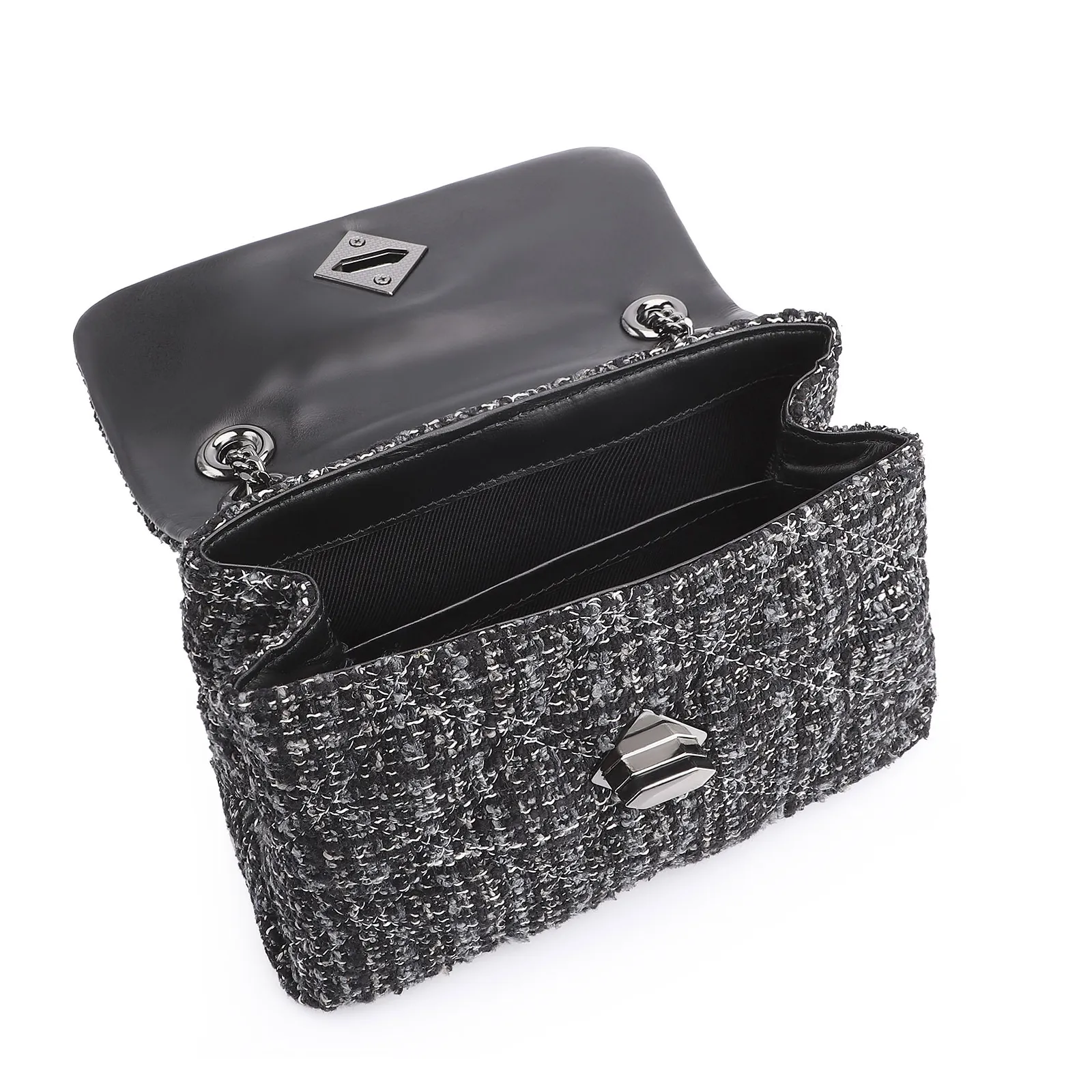 Bolsa De Ombro Matelassê Tweed Preto