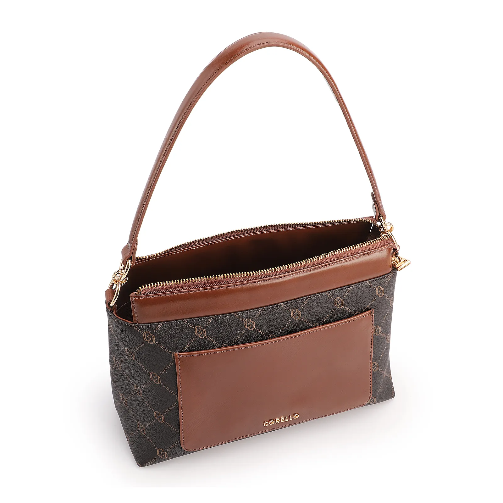 Bolsa De Ombro Média Alt/Couro Marrom Bolso Frontal Monograma