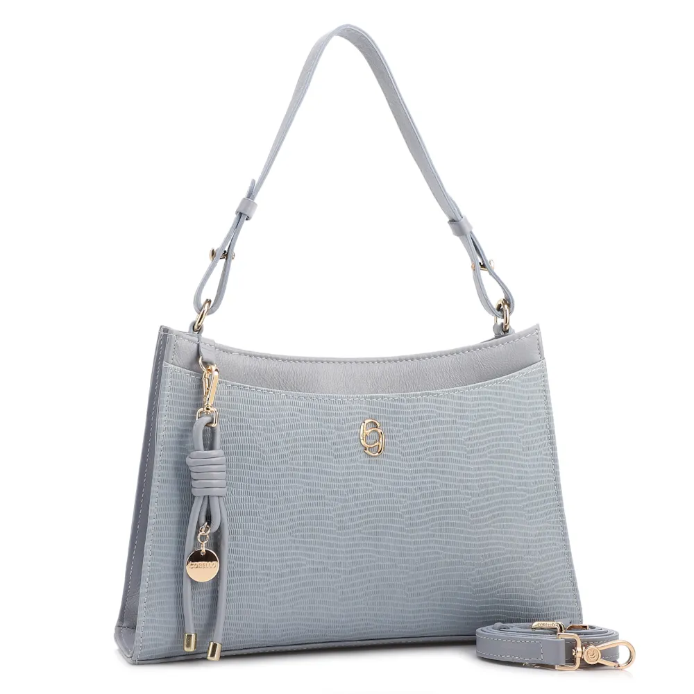 Bolsa De Ombro Média Azul Couro Lezard Pingente - imagem 2