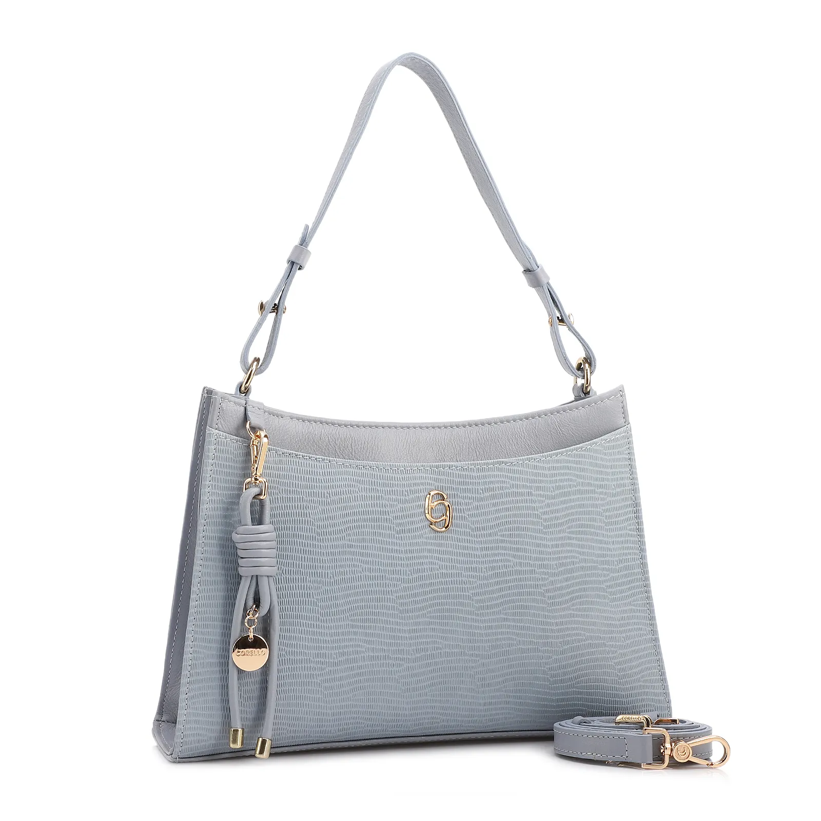 Bolsa De Ombro Média Azul Couro Lezard Pingente