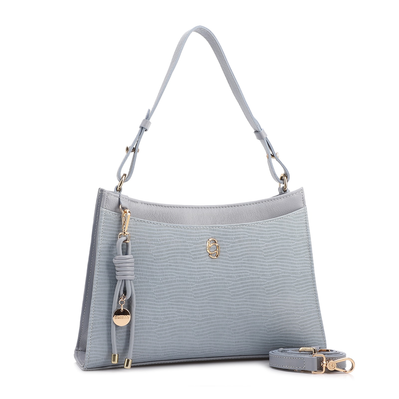 Bolsa De Ombro Média Azul Couro Lezard Pingente