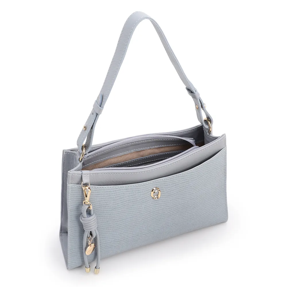Bolsa De Ombro Média Azul Couro Lezard Pingente - imagem 4