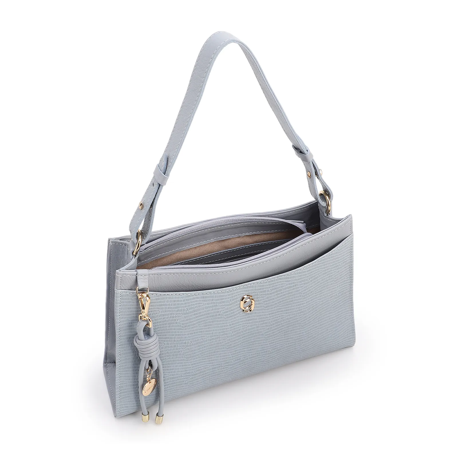 Bolsa De Ombro Média Azul Couro Lezard Pingente