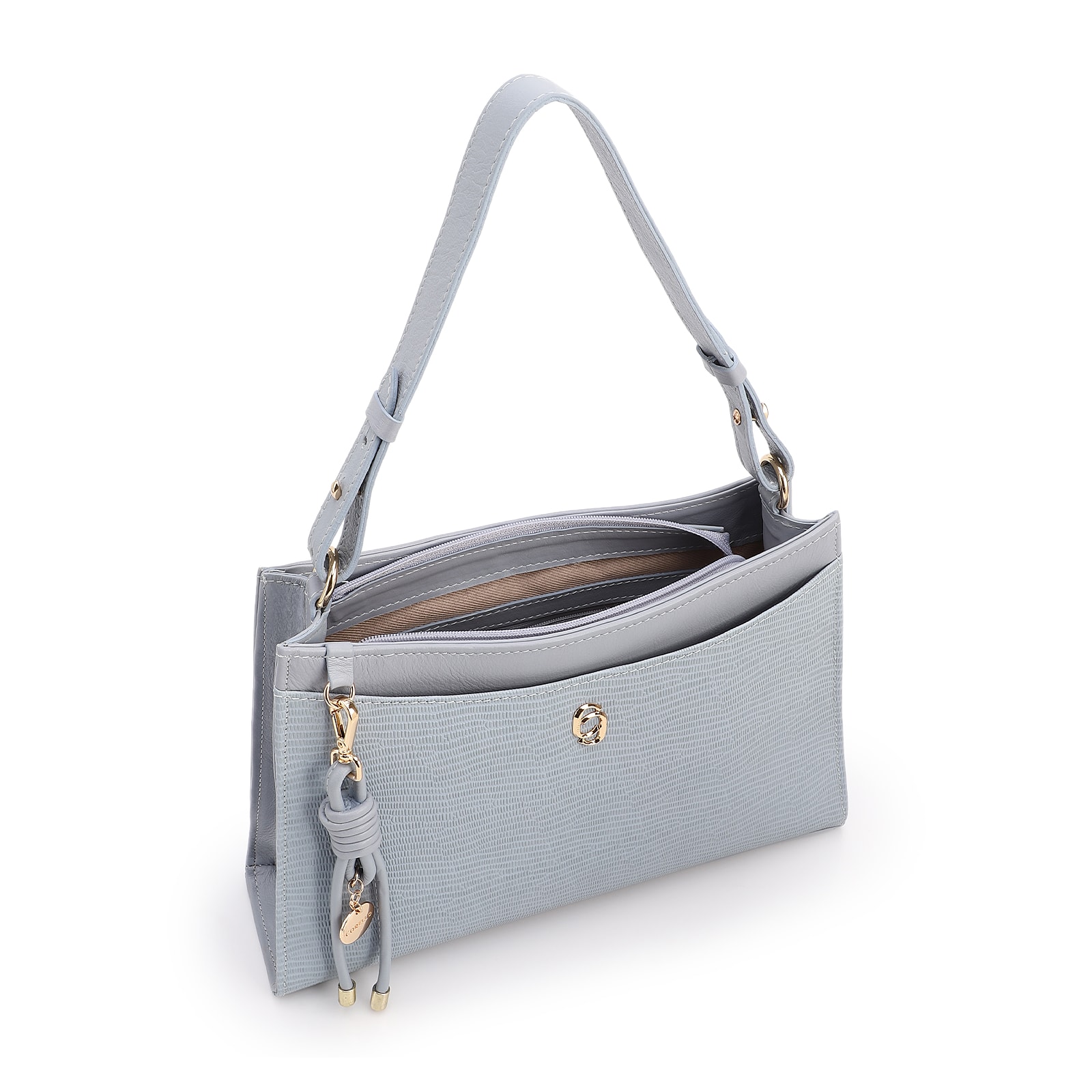 Bolsa De Ombro Média Azul Couro Lezard Pingente