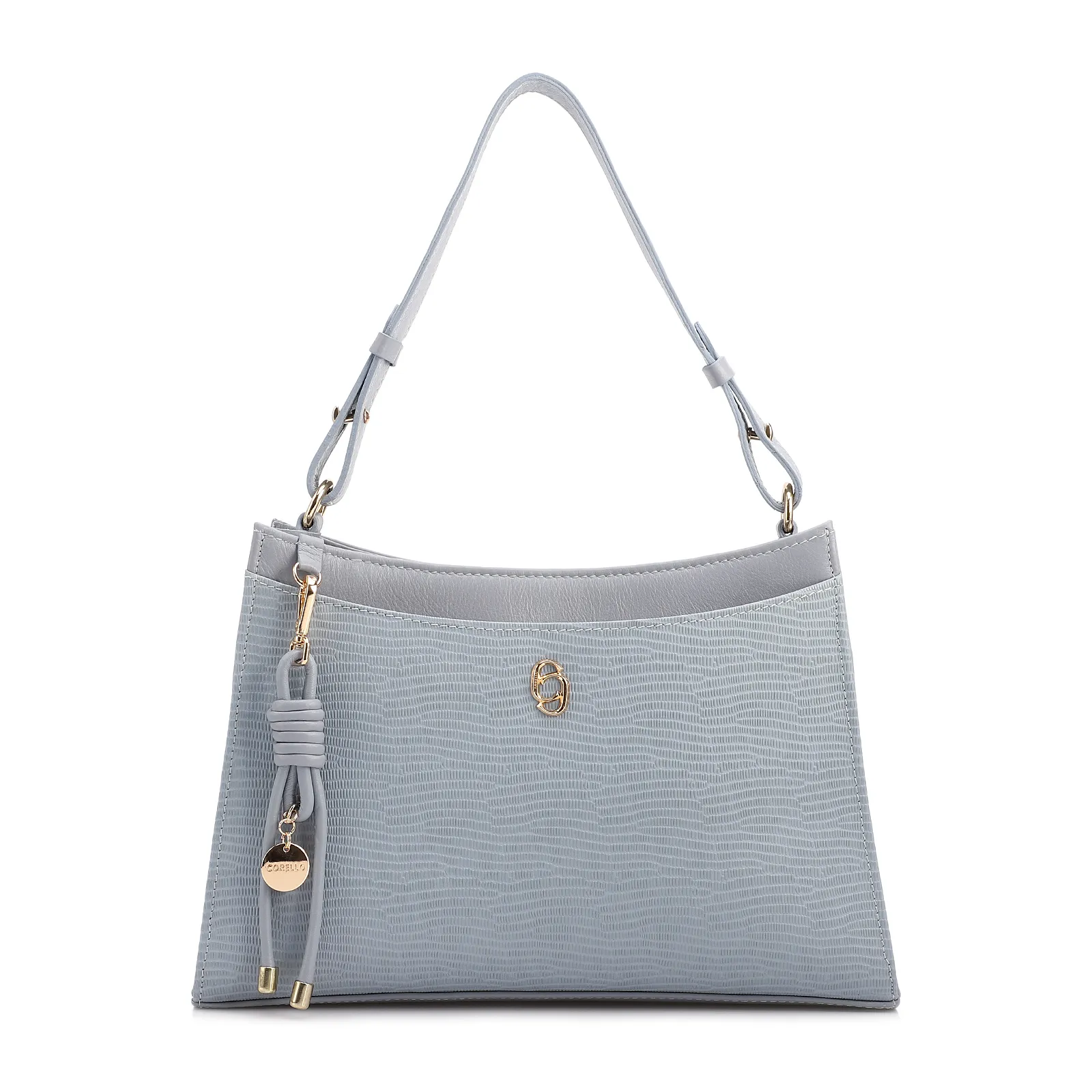 Bolsa De Ombro Média Azul Couro Lezard Pingente