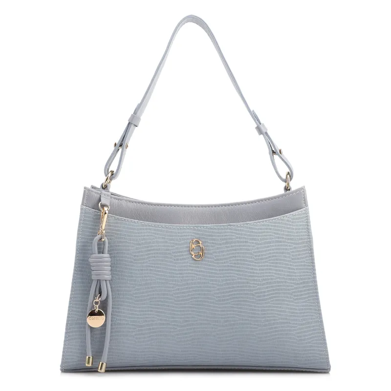 Bolsa De Ombro Média Azul Couro Lezard Pingente