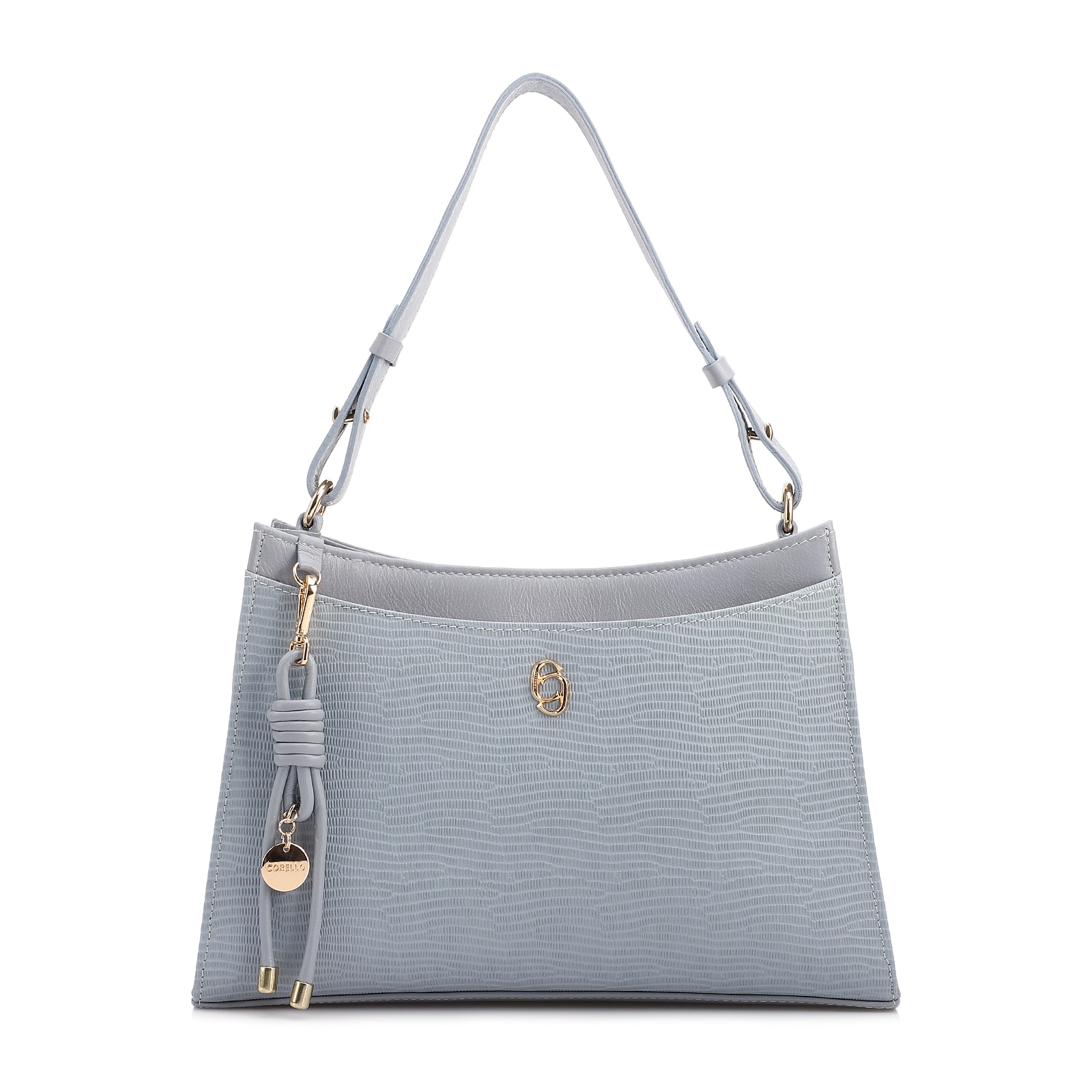 Bolsa De Ombro Média Azul Couro Lezard Pingente