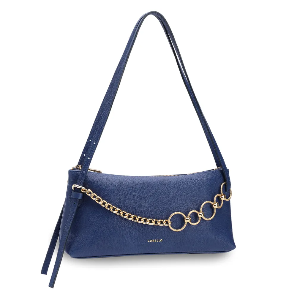 Bolsa De Ombro Média Couro Antique Azul Corrente Frontal Dourada - imagem 2
