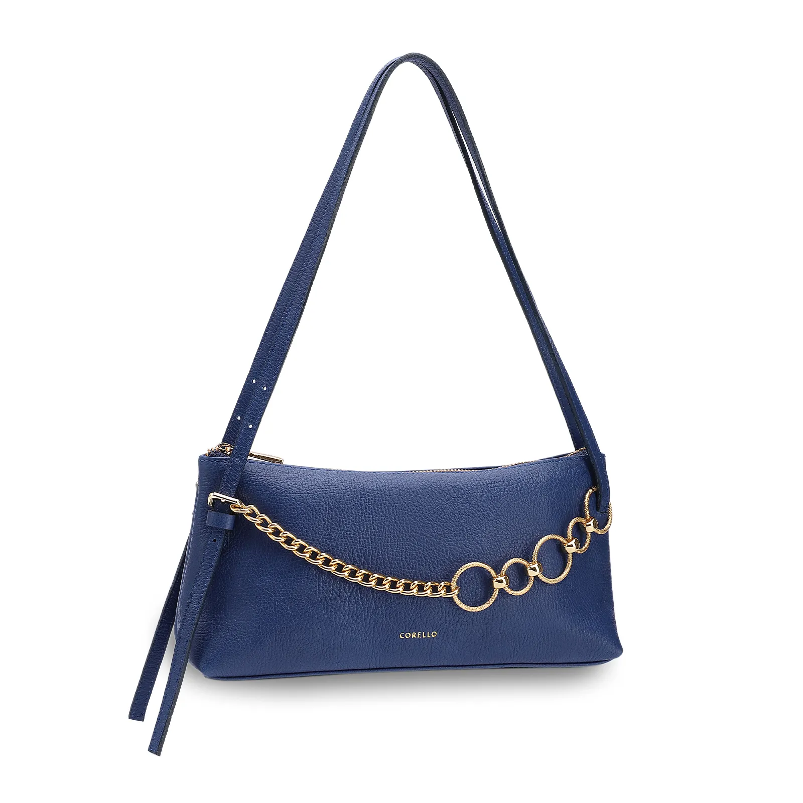Bolsa De Ombro Média Couro Antique Azul Corrente Frontal Dourada