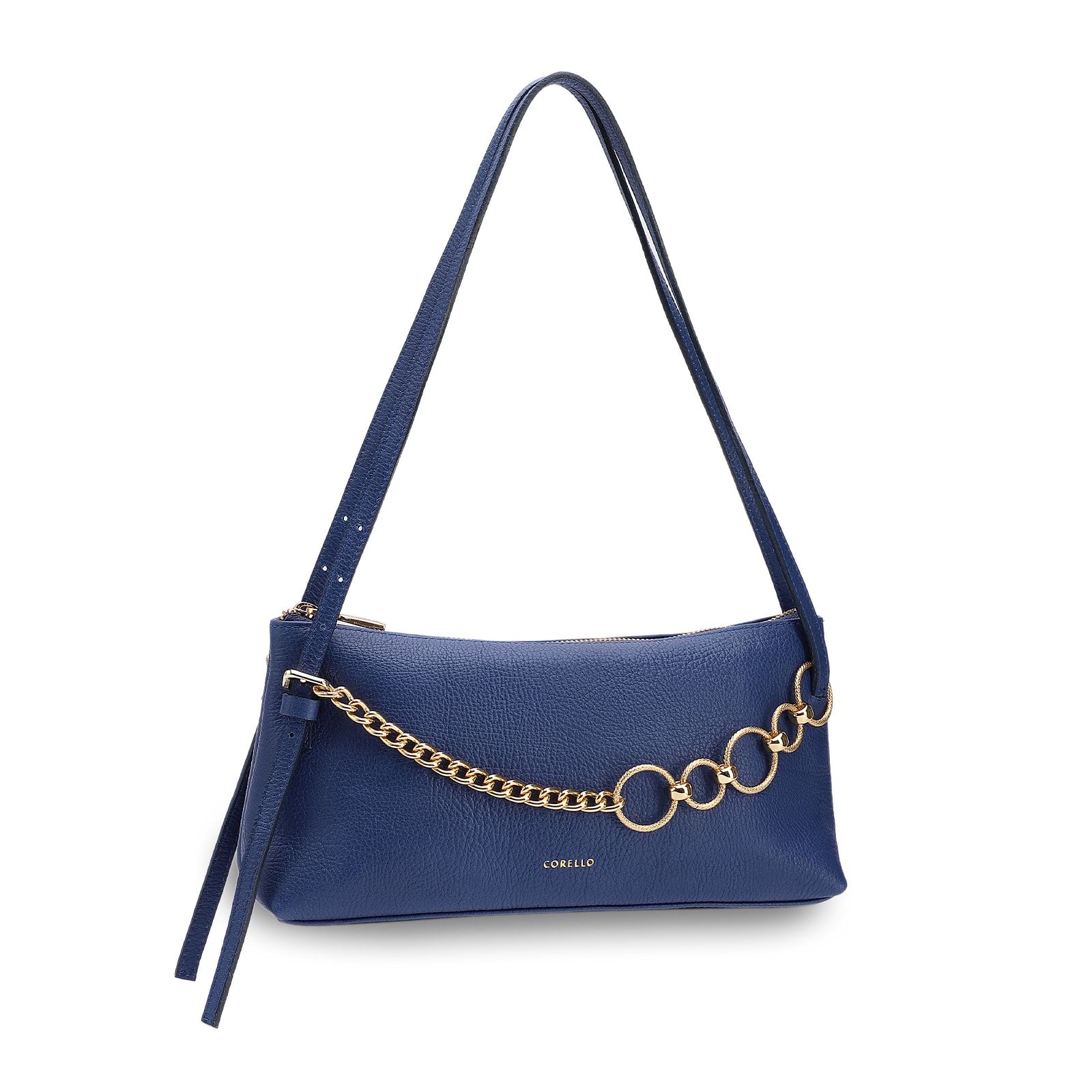Bolsa De Ombro Média Couro Antique Azul Corrente Frontal Dourada
