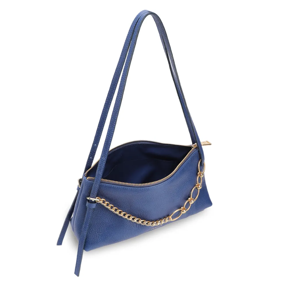 Bolsa De Ombro Média Couro Antique Azul Corrente Frontal Dourada - imagem 4