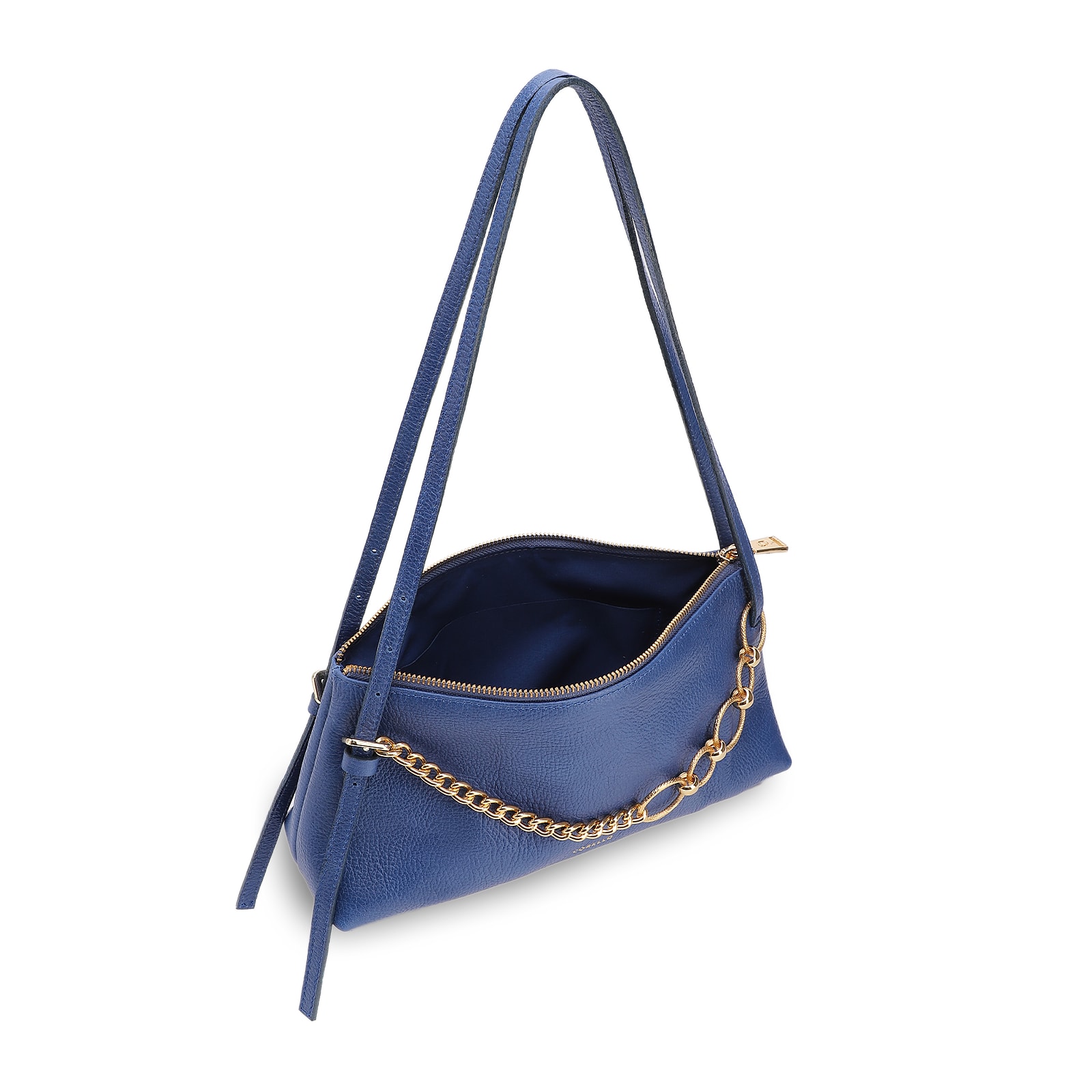 Bolsa De Ombro Média Couro Antique Azul Corrente Frontal Dourada