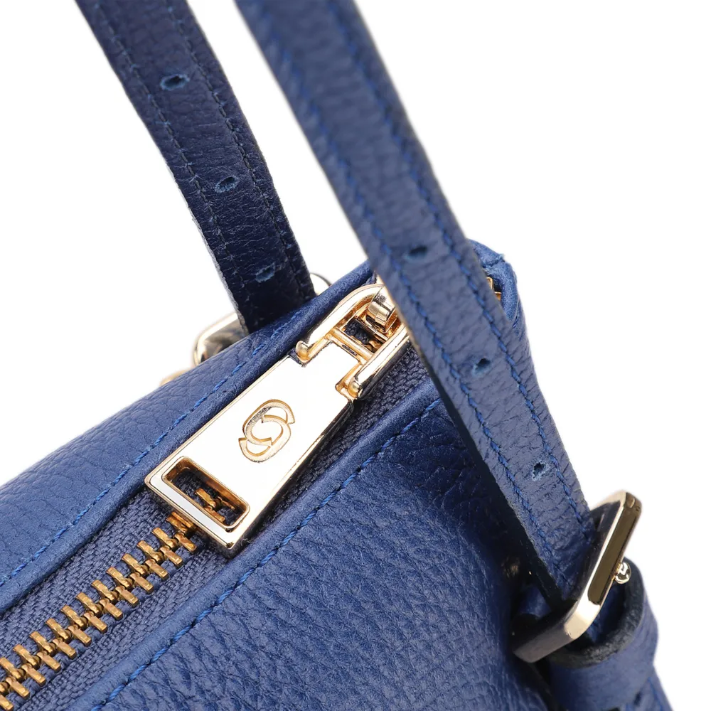Bolsa De Ombro Média Couro Antique Azul Corrente Frontal Dourada - imagem 5