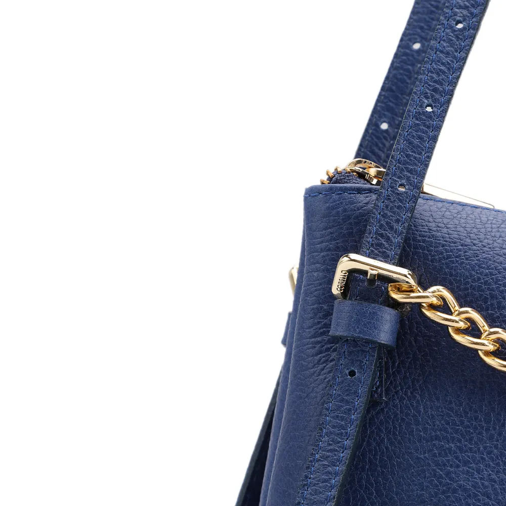 Bolsa De Ombro Média Couro Antique Azul Corrente Frontal Dourada - imagem 6