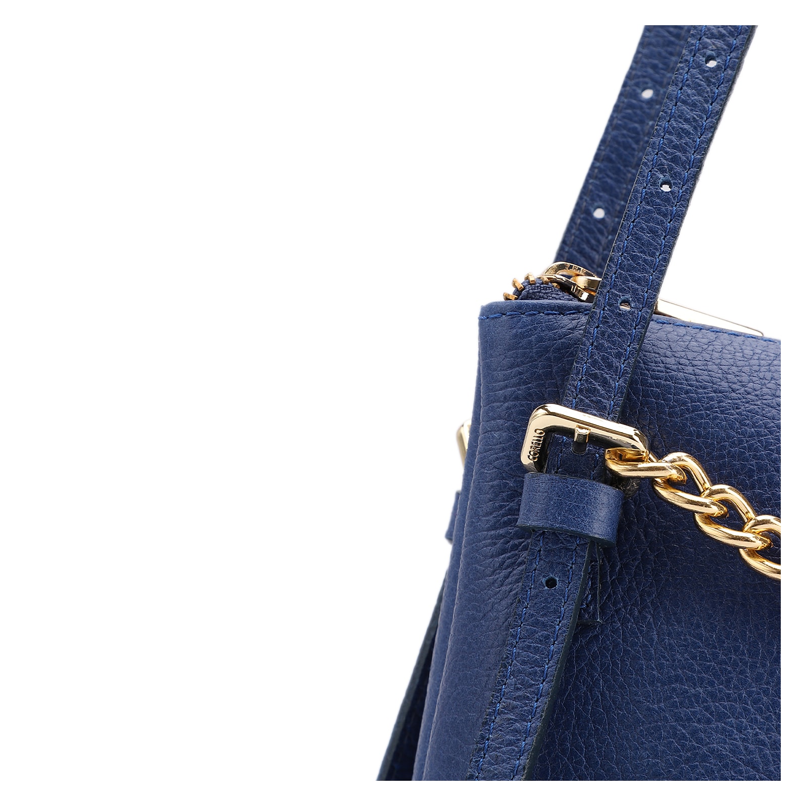 Bolsa De Ombro Média Couro Antique Azul Corrente Frontal Dourada