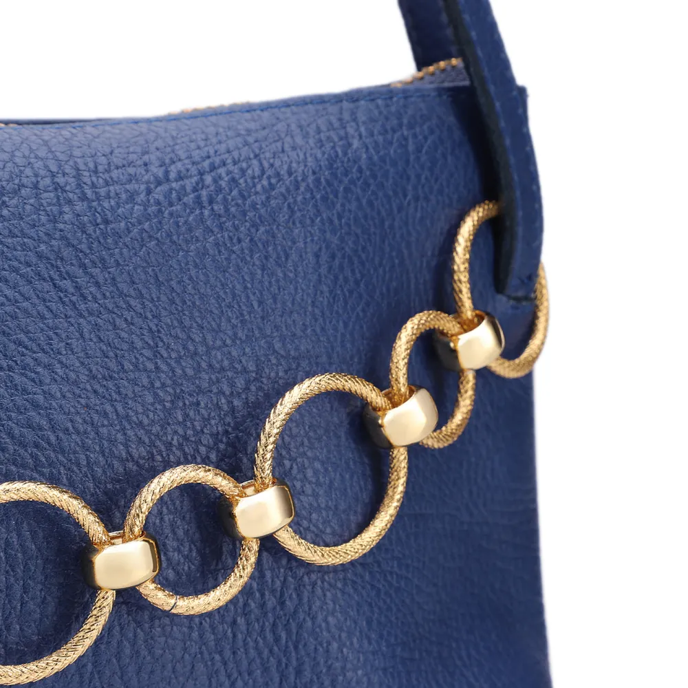 Bolsa De Ombro Média Couro Antique Azul Corrente Frontal Dourada - imagem 7