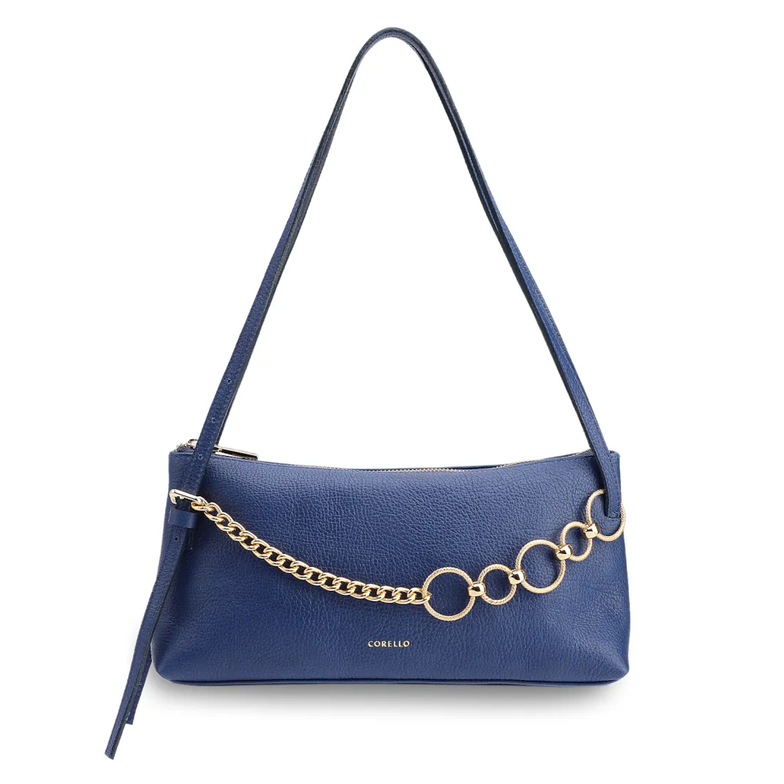 Bolsa De Ombro Média Couro Antique Azul Corrente Frontal Dourada
