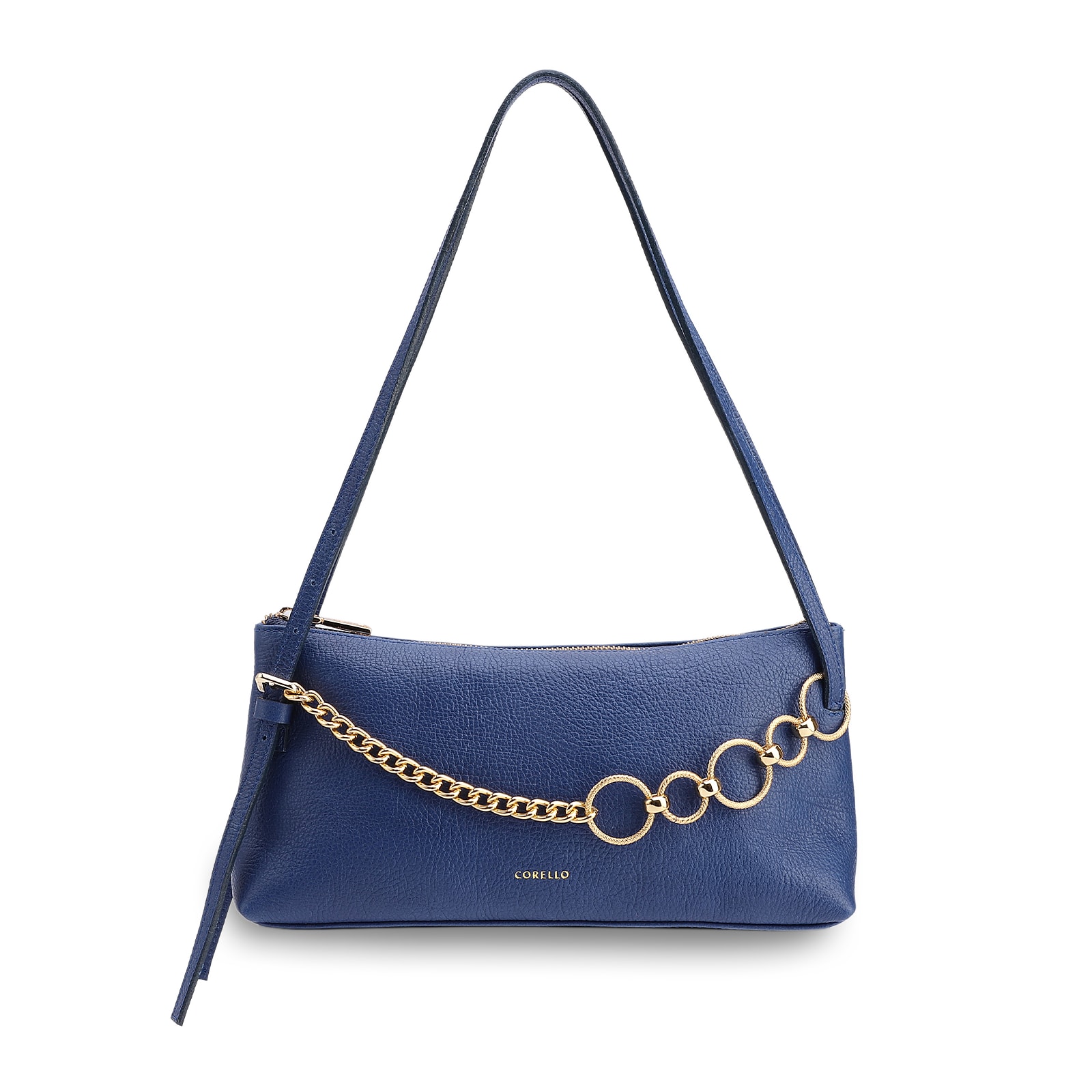 Bolsa De Ombro Média Couro Antique Azul Corrente Frontal Dourada