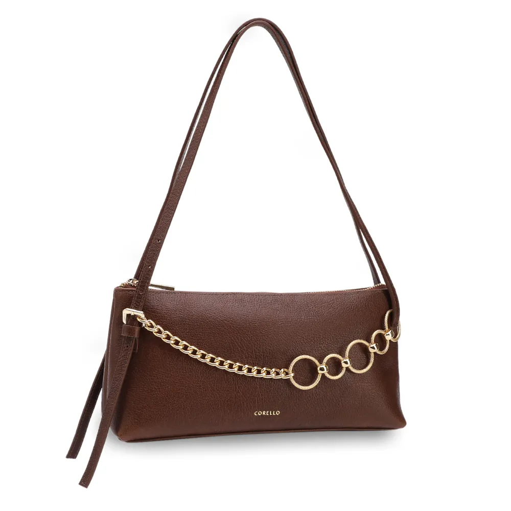 Bolsa De Ombro Média Couro Antique Marrom Corrente Dourada Frontal - imagem 2