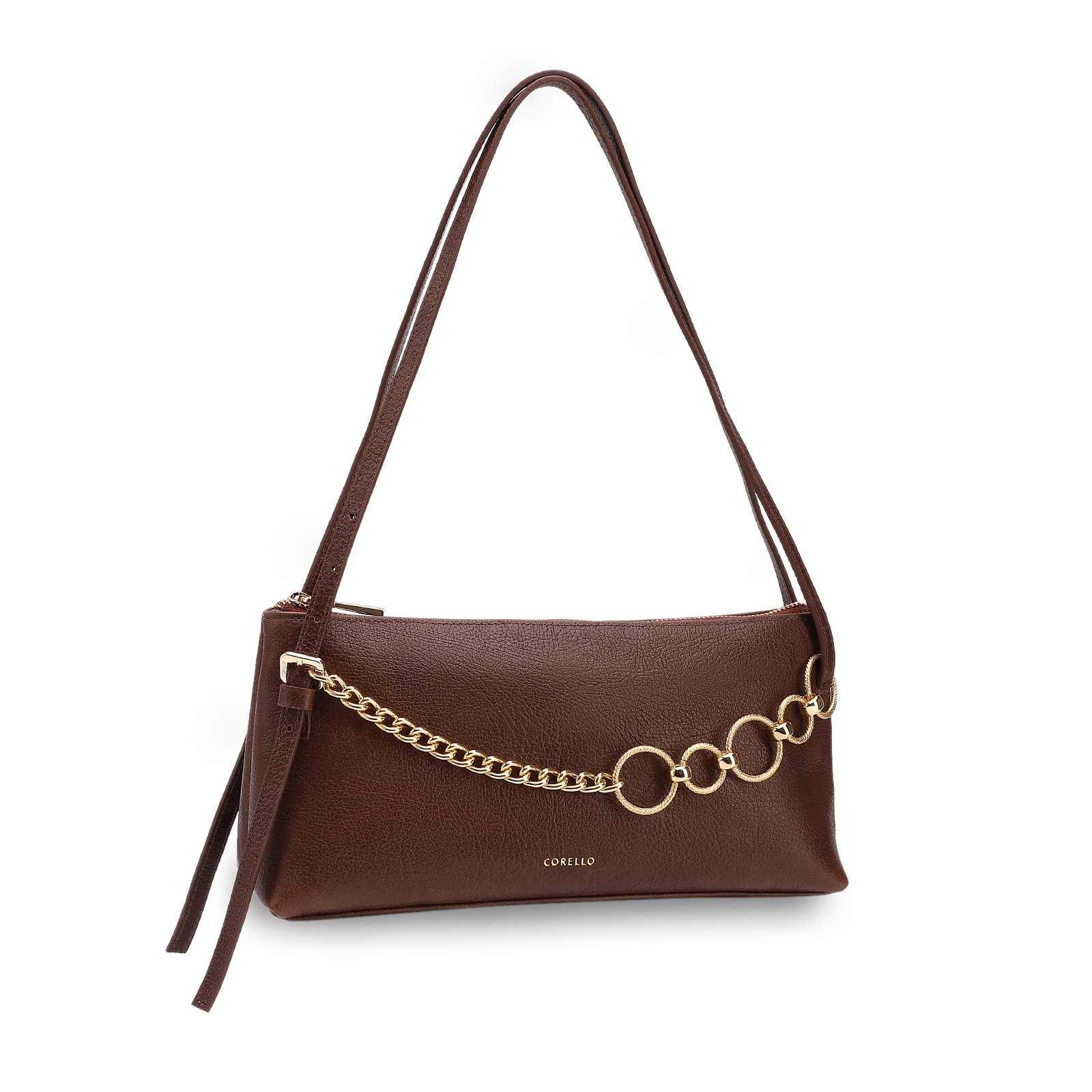 Bolsa De Ombro Média Couro Antique Marrom Corrente Dourada Frontal