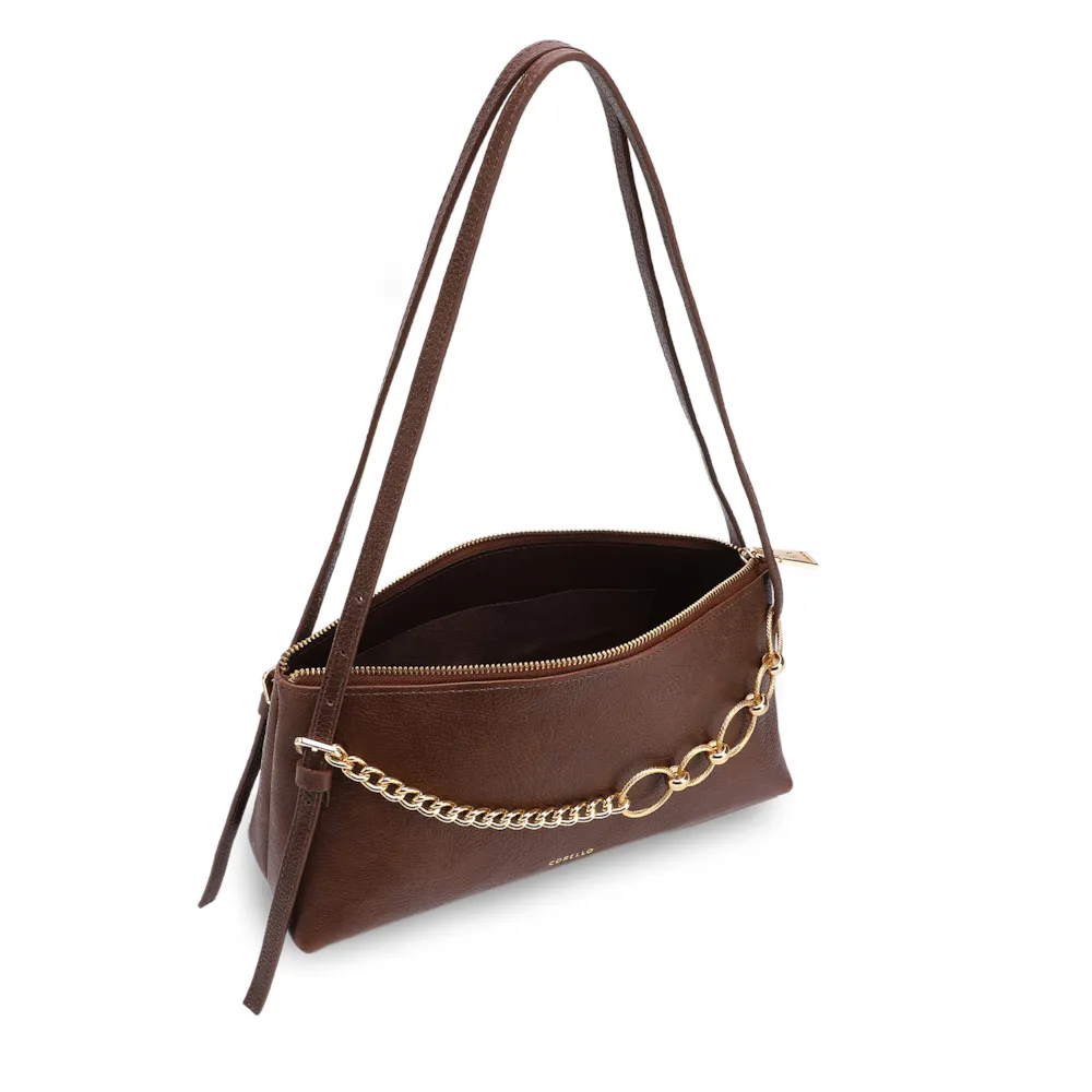 Bolsa De Ombro Média Couro Antique Marrom Corrente Dourada Frontal - imagem 4