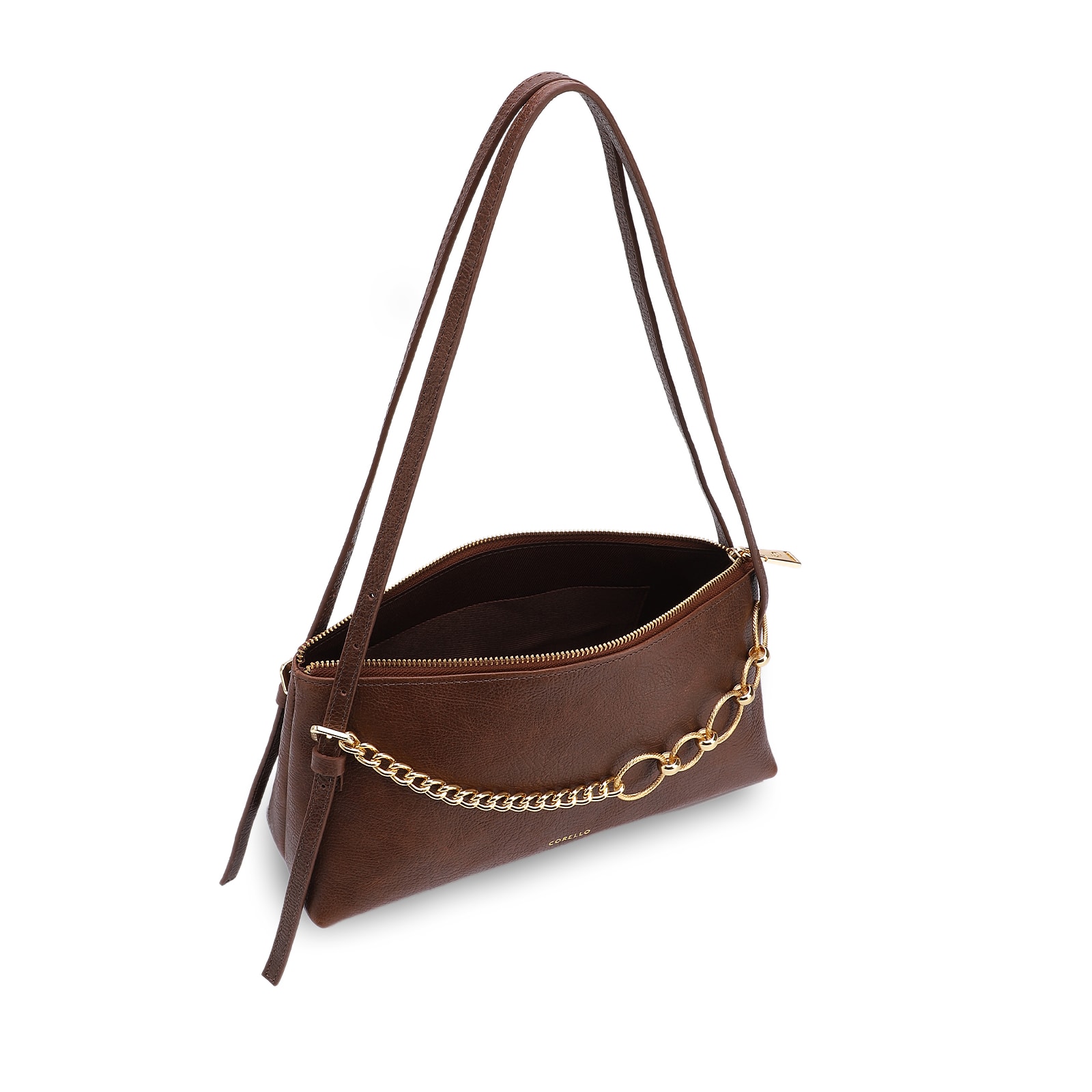 Bolsa De Ombro Média Couro Antique Marrom Corrente Dourada Frontal
