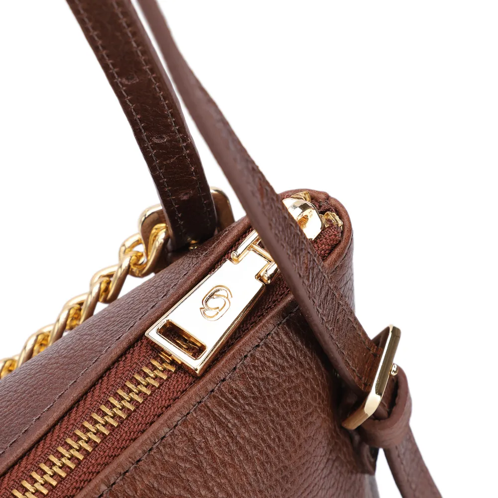 Bolsa De Ombro Média Couro Antique Marrom Corrente Dourada Frontal - imagem 5