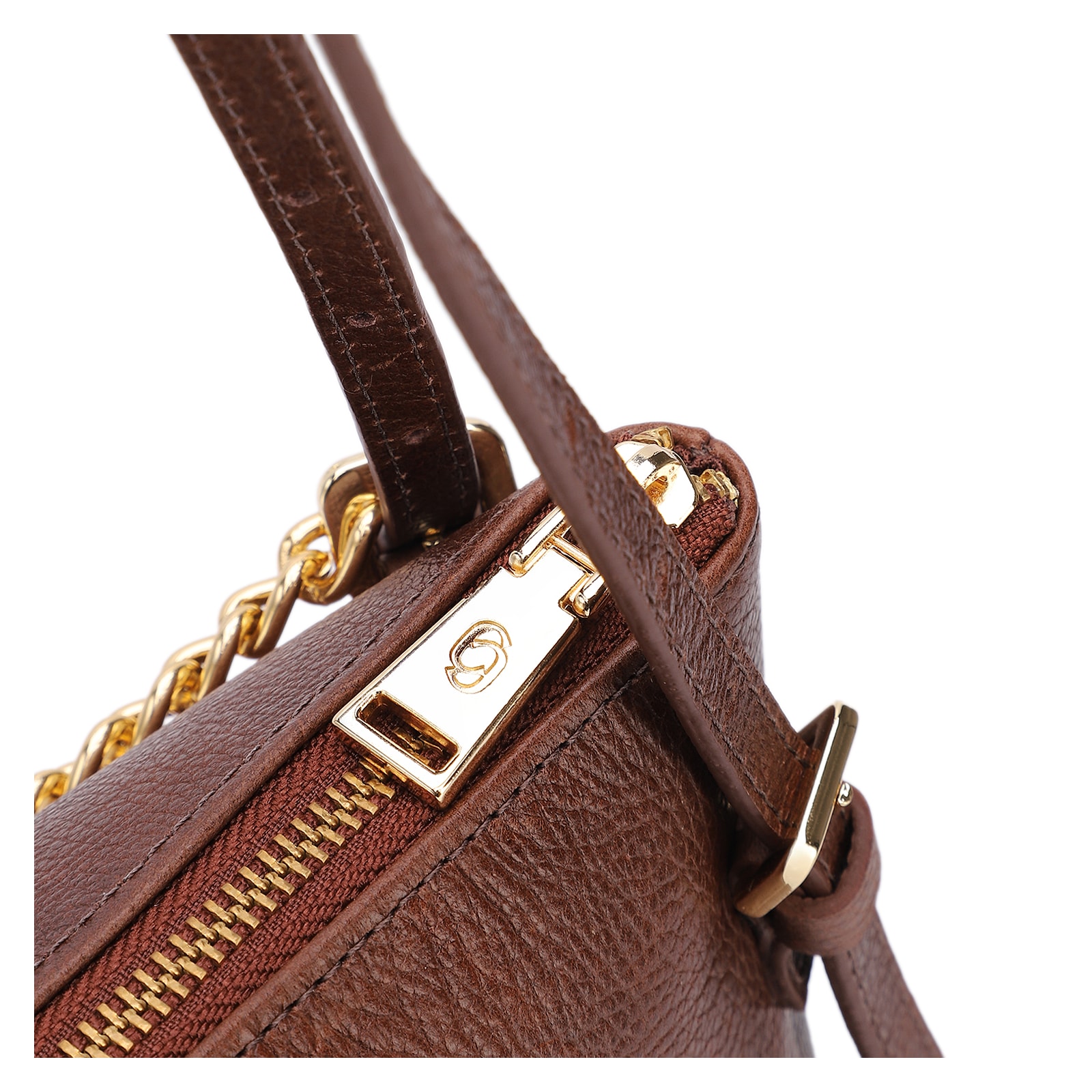 Bolsa De Ombro Média Couro Antique Marrom Corrente Dourada Frontal