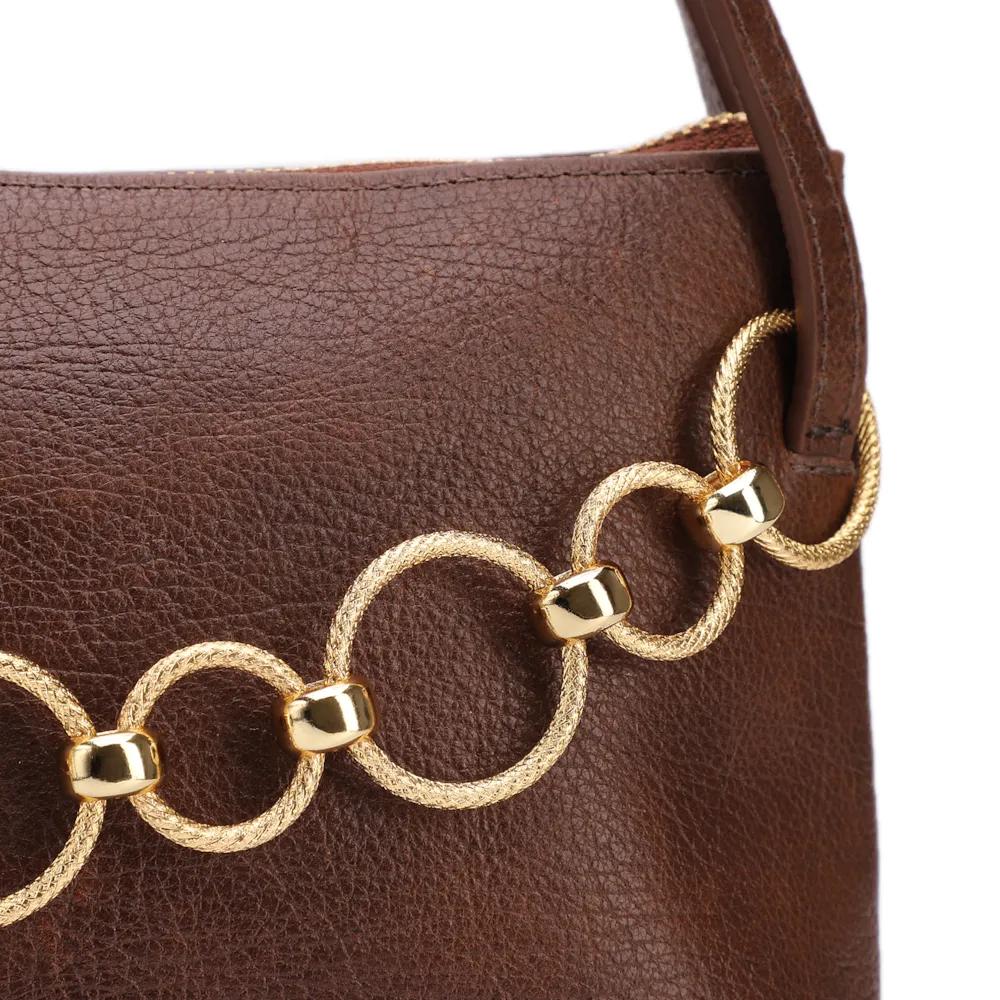 Bolsa De Ombro Média Couro Antique Marrom Corrente Dourada Frontal - imagem 7