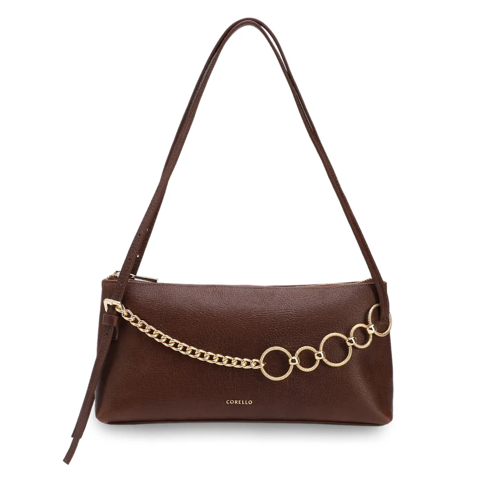 Bolsa De Ombro Média Couro Antique Marrom Corrente Dourada Frontal