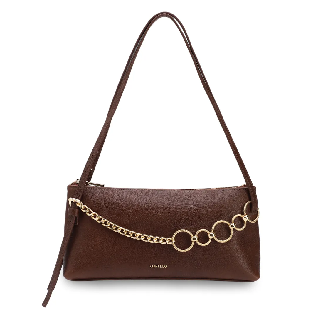 Bolsa De Ombro Média Couro Antique Marrom Corrente Dourada Frontal