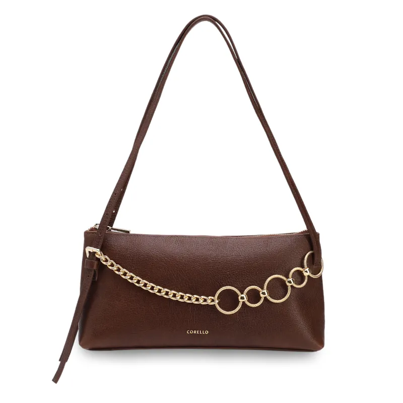 Bolsa De Ombro Média Couro Antique Marrom Corrente Dourada Frontal
