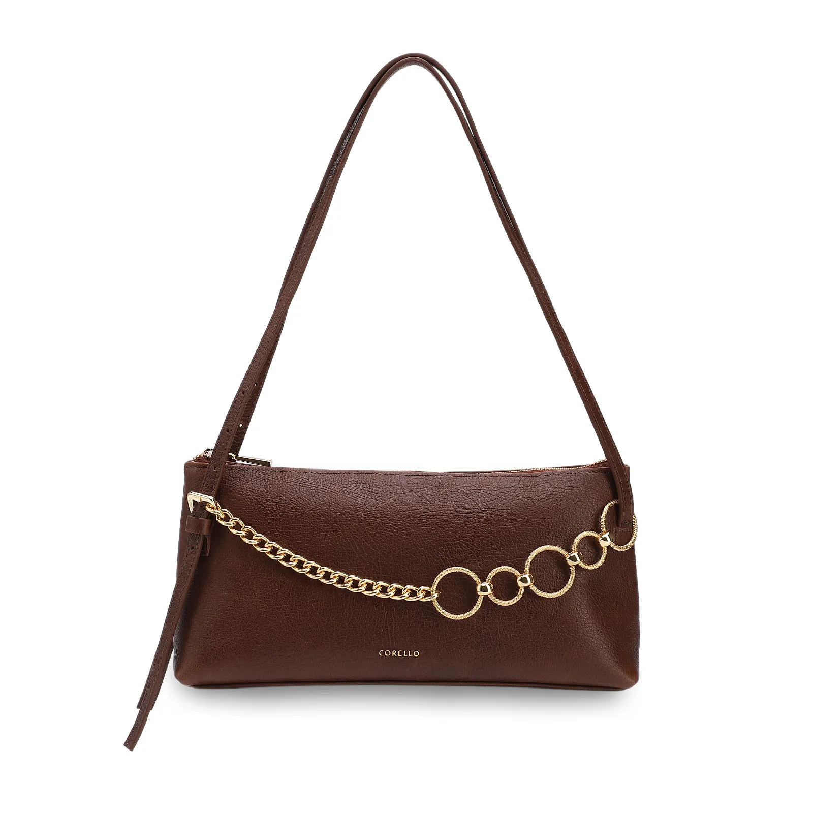 Bolsa De Ombro Média Couro Antique Marrom Corrente Dourada Frontal