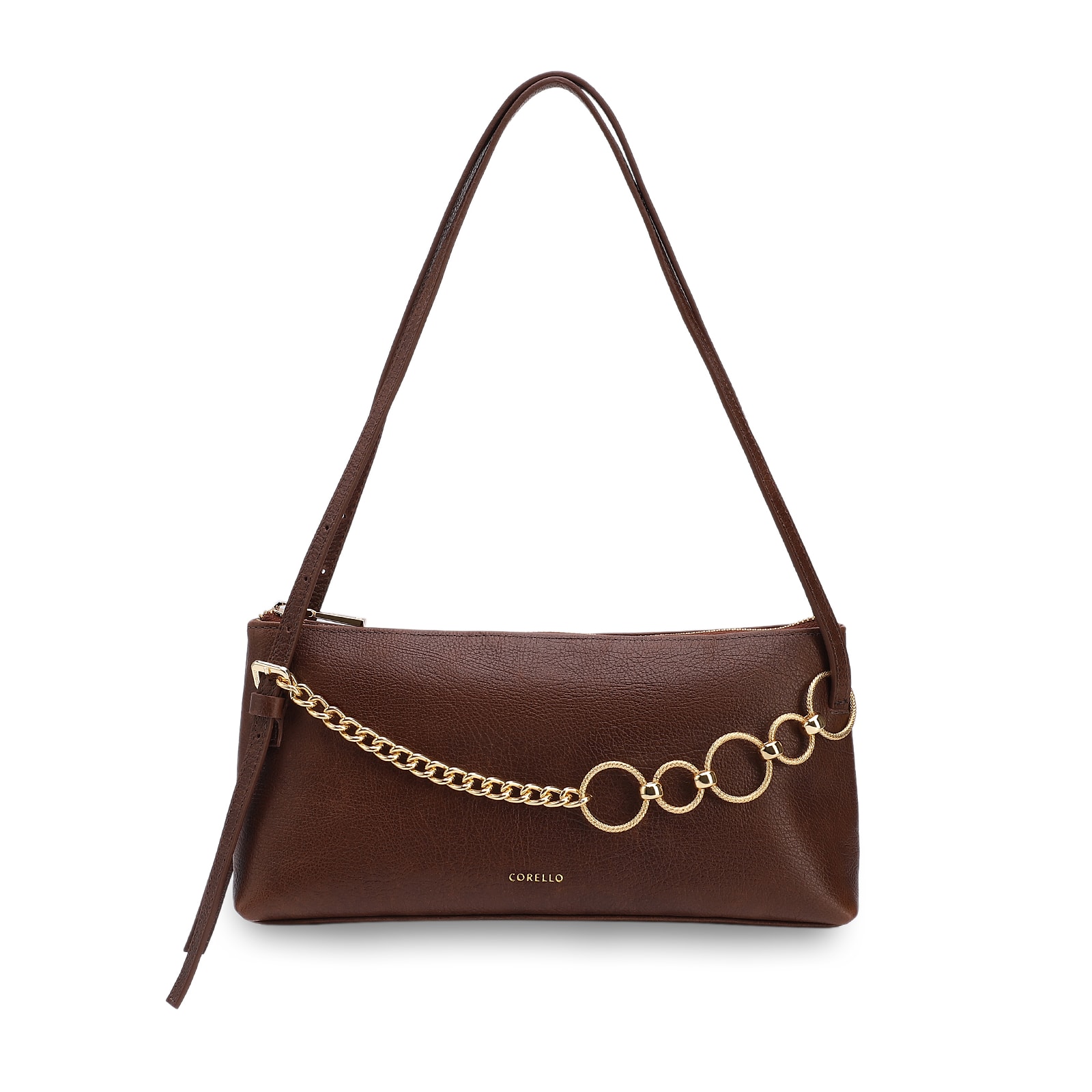 Bolsa De Ombro Média Couro Antique Marrom Corrente Dourada Frontal
