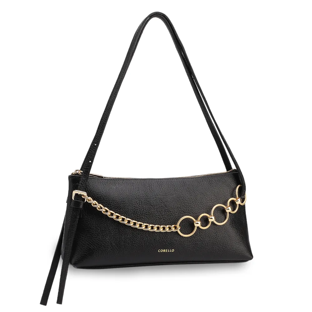 Bolsa De Ombro Média Couro Antique Preta Corrente Frontal Dourada - imagem 2