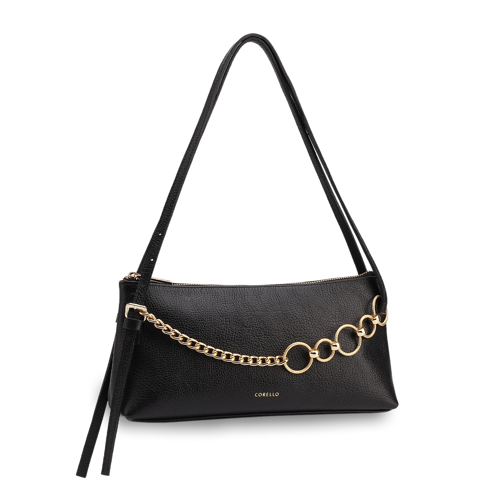 Bolsa De Ombro Média Couro Antique Preta Corrente Frontal Dourada