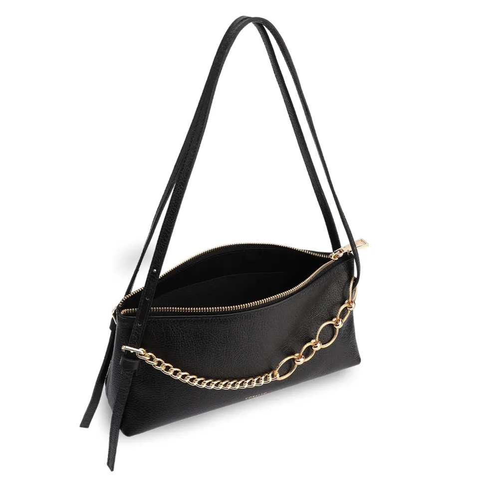 Bolsa De Ombro Média Couro Antique Preta Corrente Frontal Dourada - imagem 4