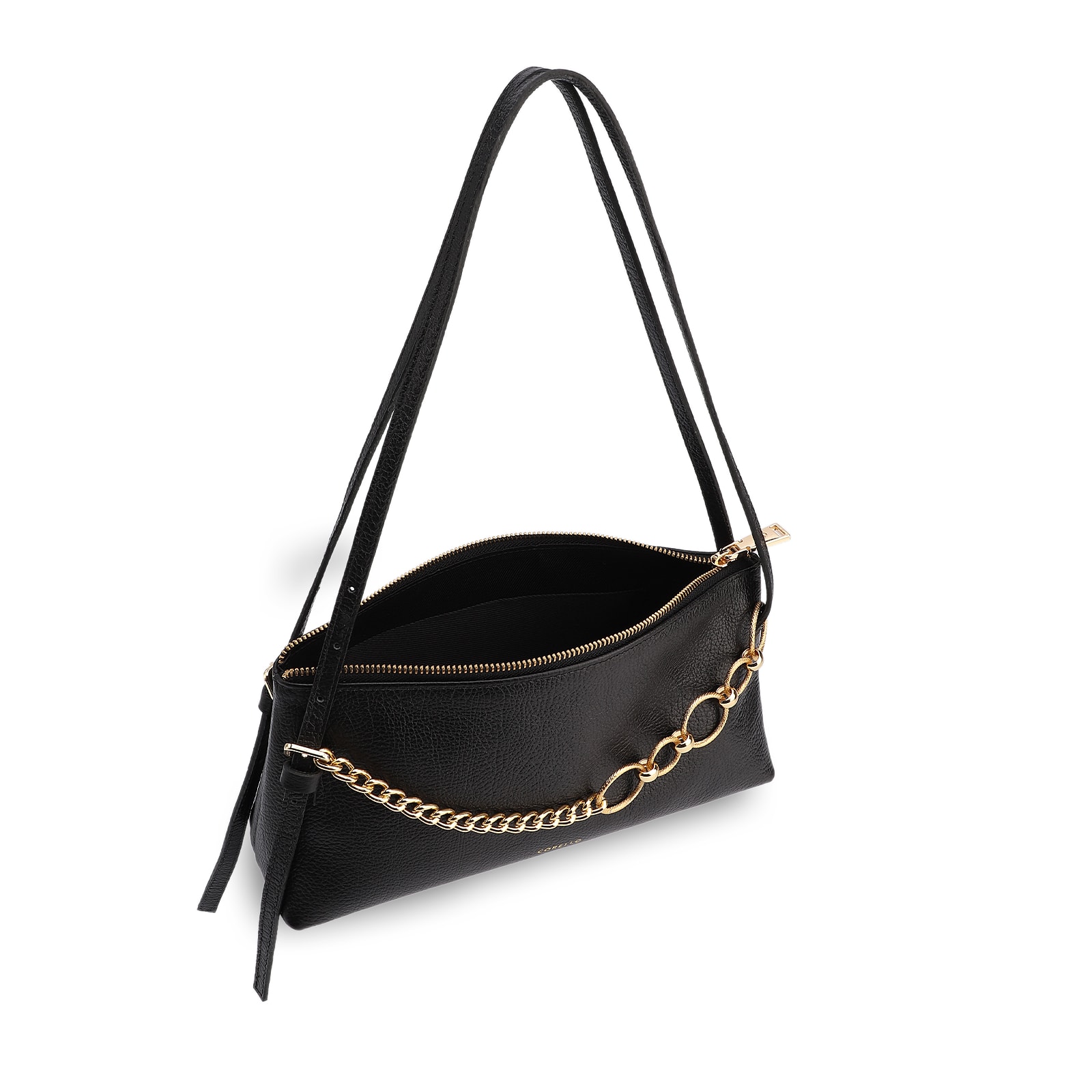 Bolsa De Ombro Média Couro Antique Preta Corrente Frontal Dourada