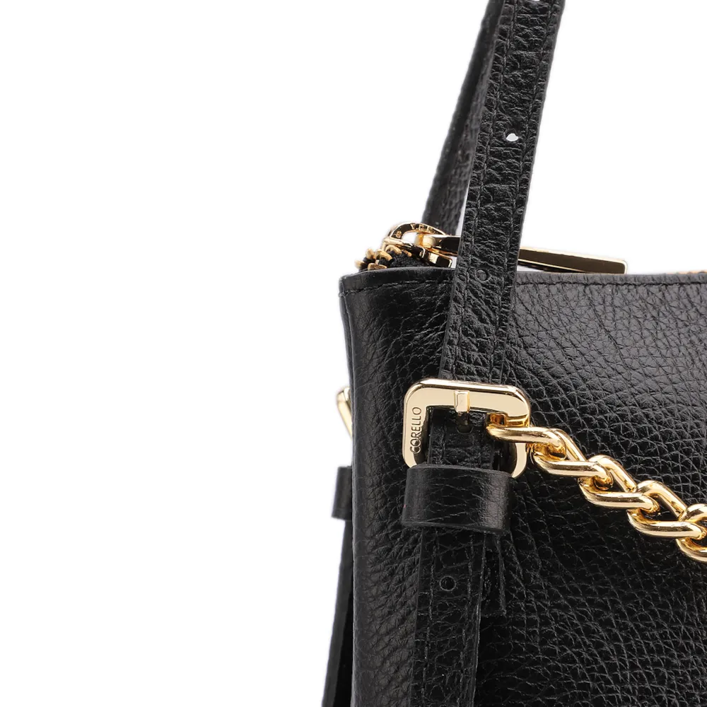Bolsa De Ombro Média Couro Antique Preta Corrente Frontal Dourada - imagem 6