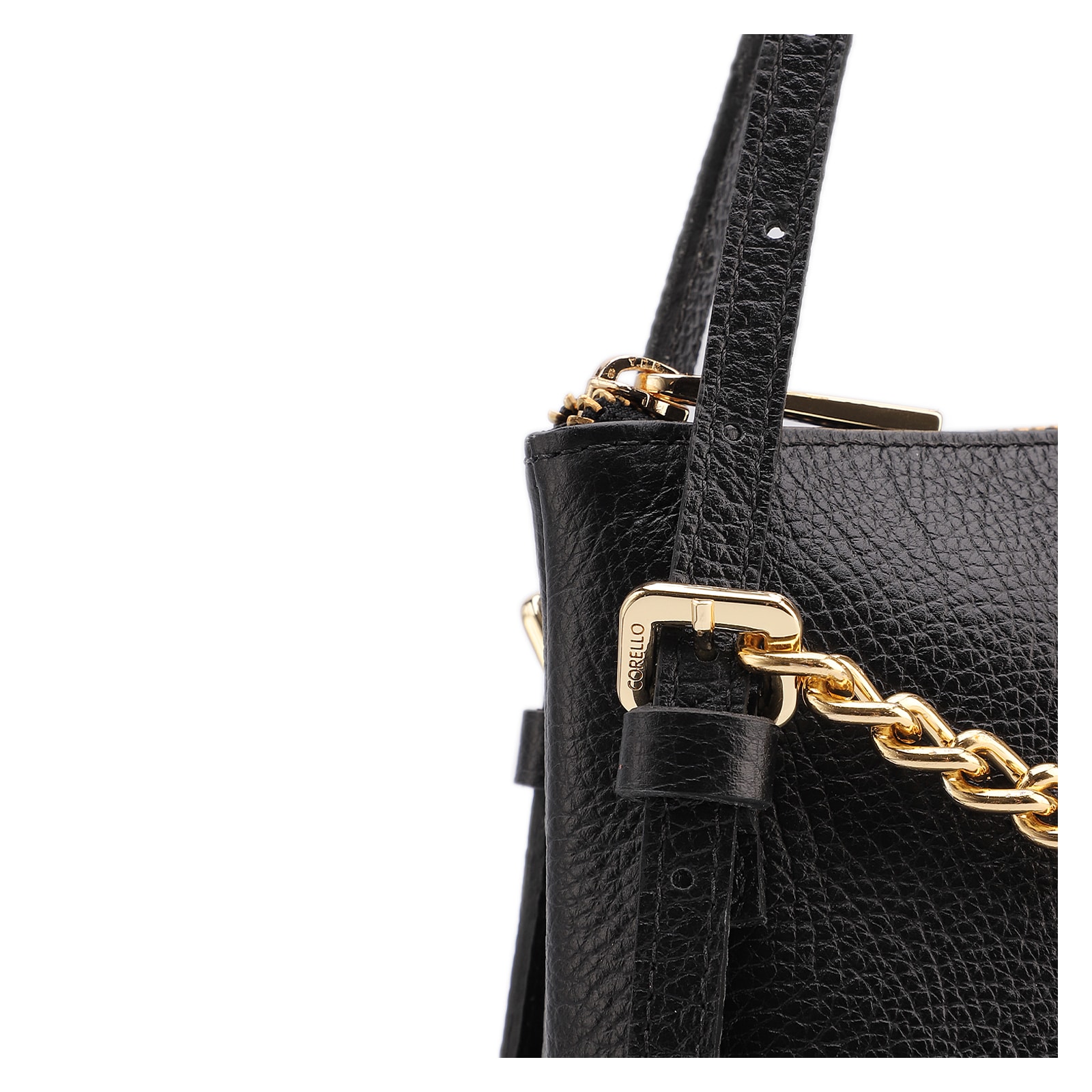 Bolsa De Ombro Média Couro Antique Preta Corrente Frontal Dourada